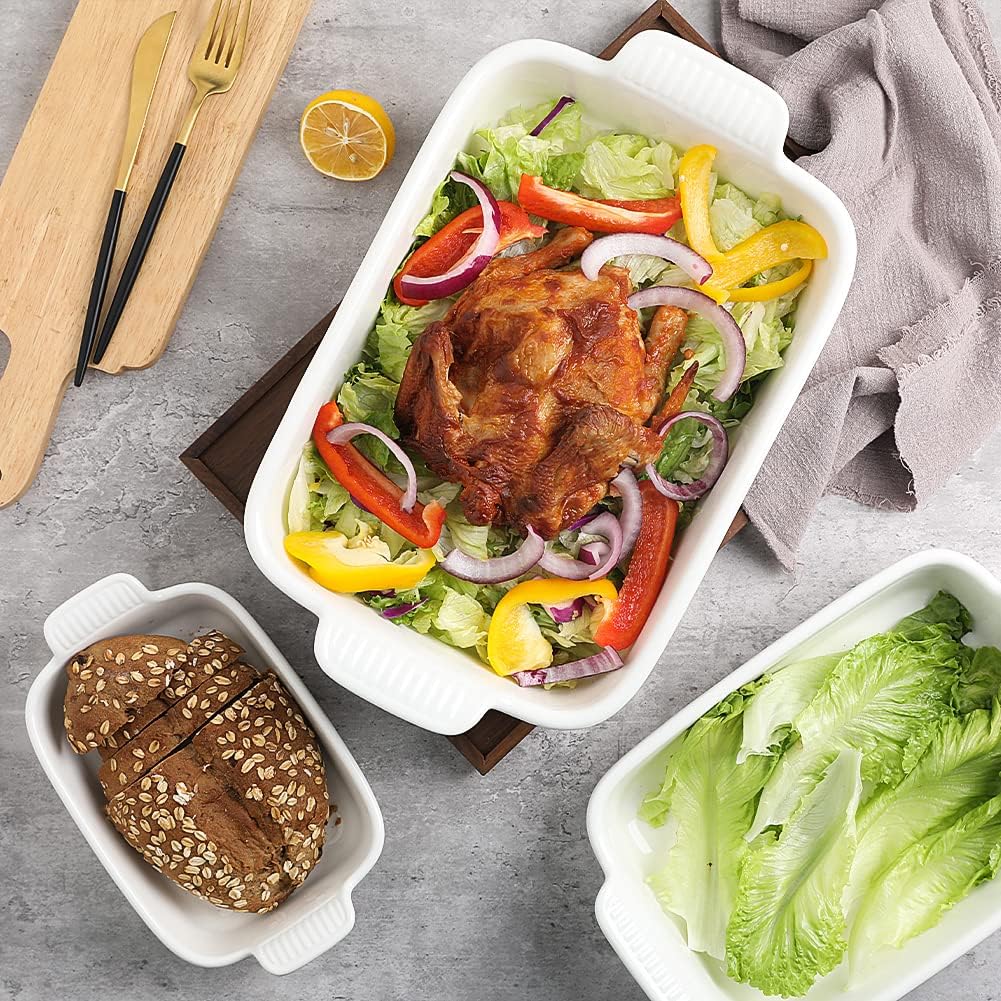 Sweejar Baking Pans Set - Durable Ceramic 9x13 Baking Dish with Handle | 3-Piece Casserole Bakeware Set (White)