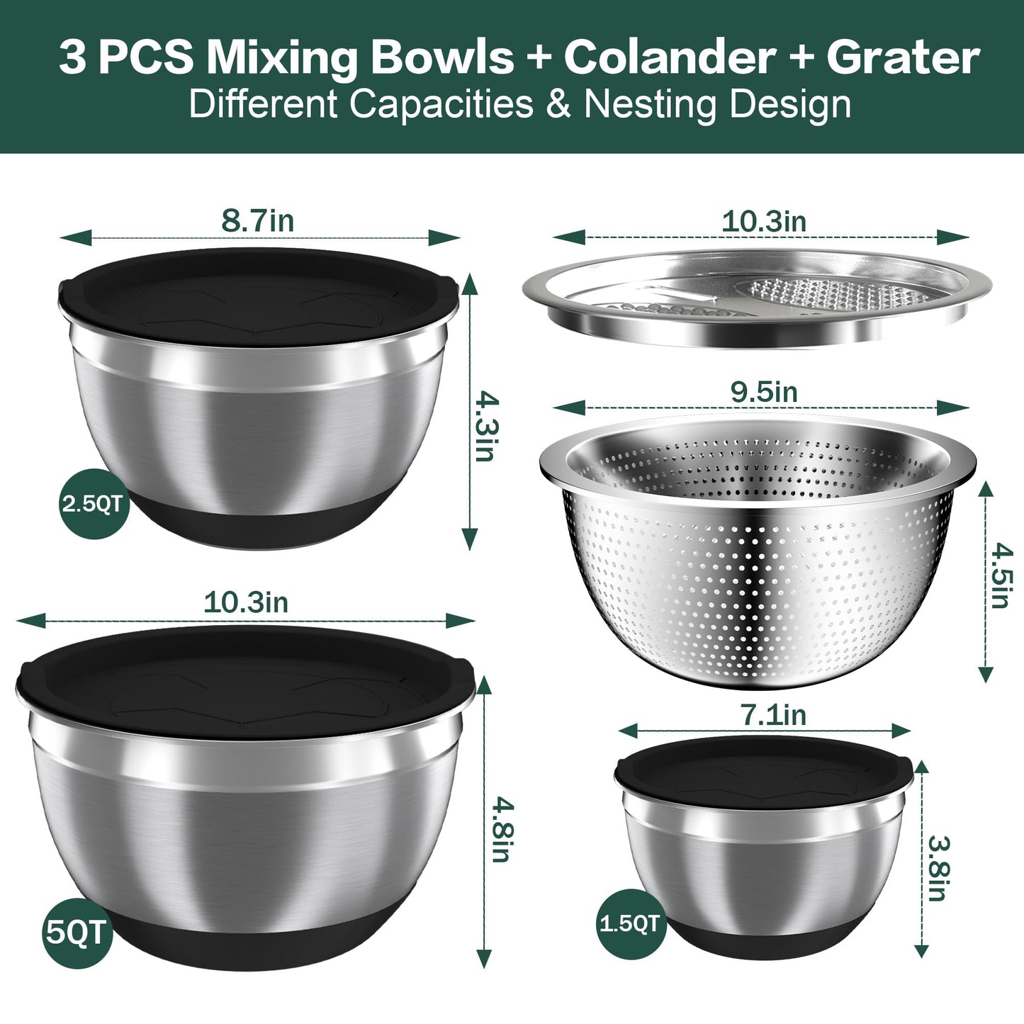 Nicdiet Mixing Bowls with Airtight Lids, Stainless Steel Mixing Bowl Set with 3 Metal Nesting Bowls, Colander & Grater, Non-Slip Bottoms, Size 1.5, 2.5, 5 QT, Great for Mixing & Serving, Black