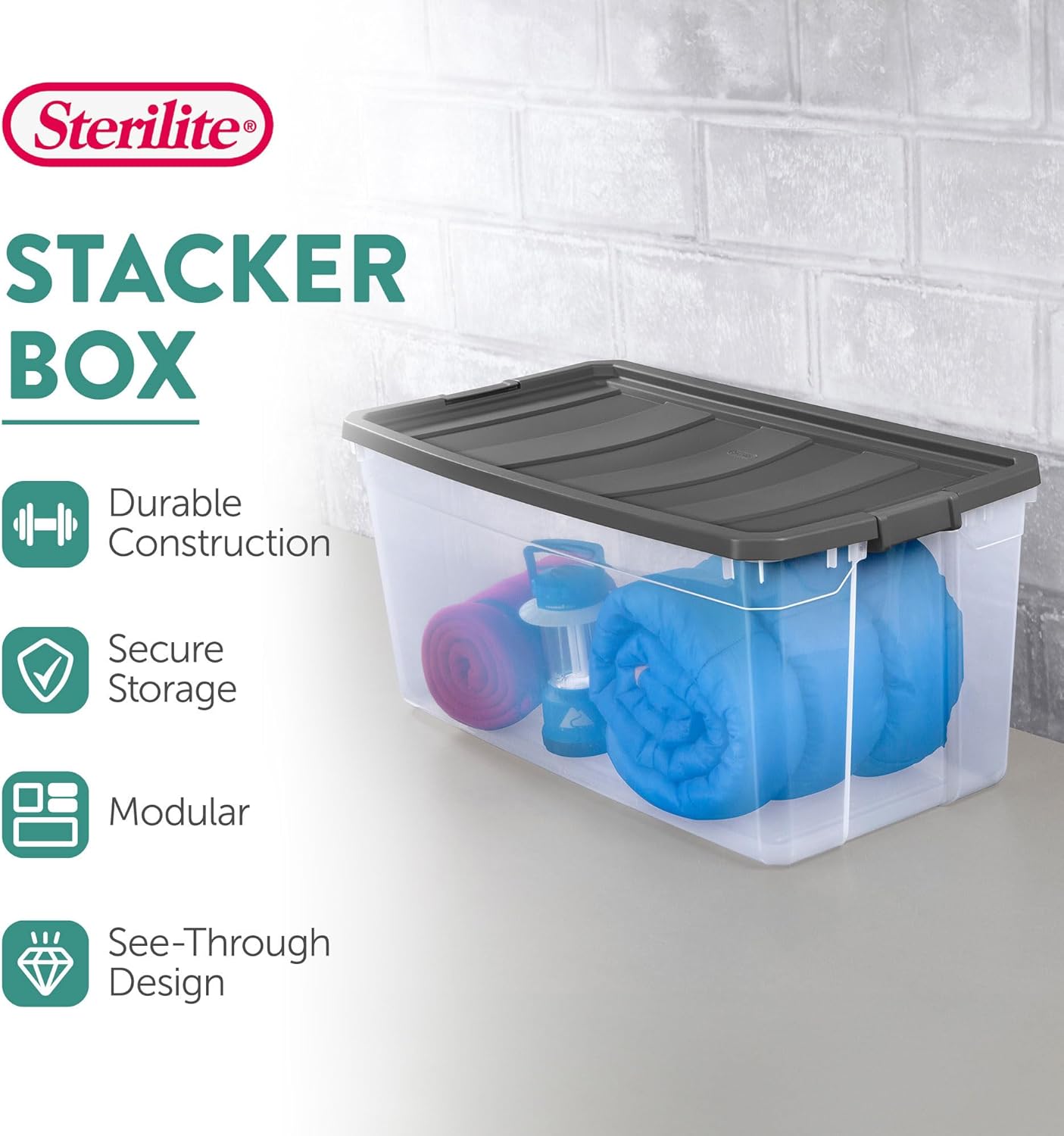 Sterilite 3-Pack Modular Stacker Boxes - Durable Clear Plastic Storage Bins with Latching Lids | 200 Quart for Closet, Bathroom, Office