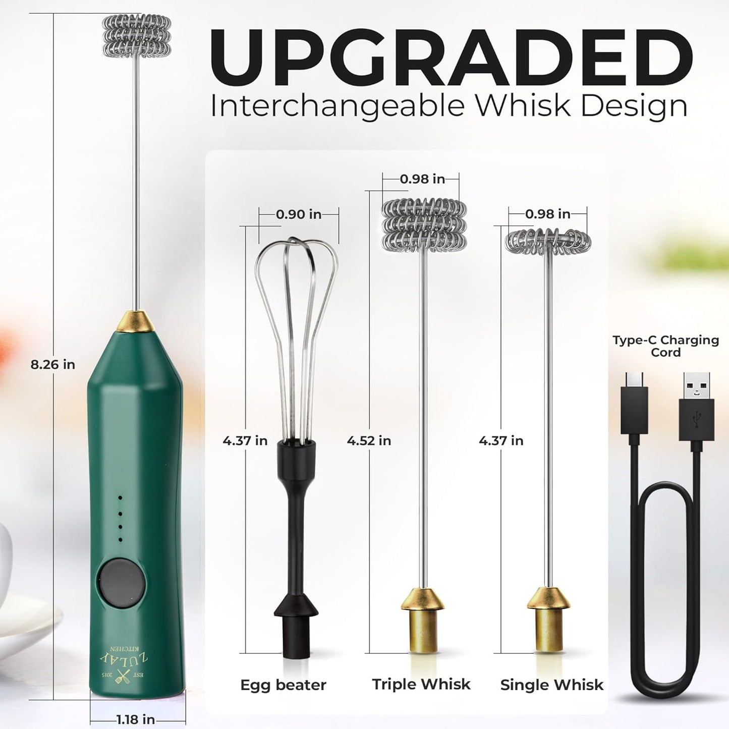 Zulay Kitchen Rechargeable Milk Frother - 3 Speeds & 3 Whisk Attachments - USB Charging for Lattes & Cappuccinos - Green Gold