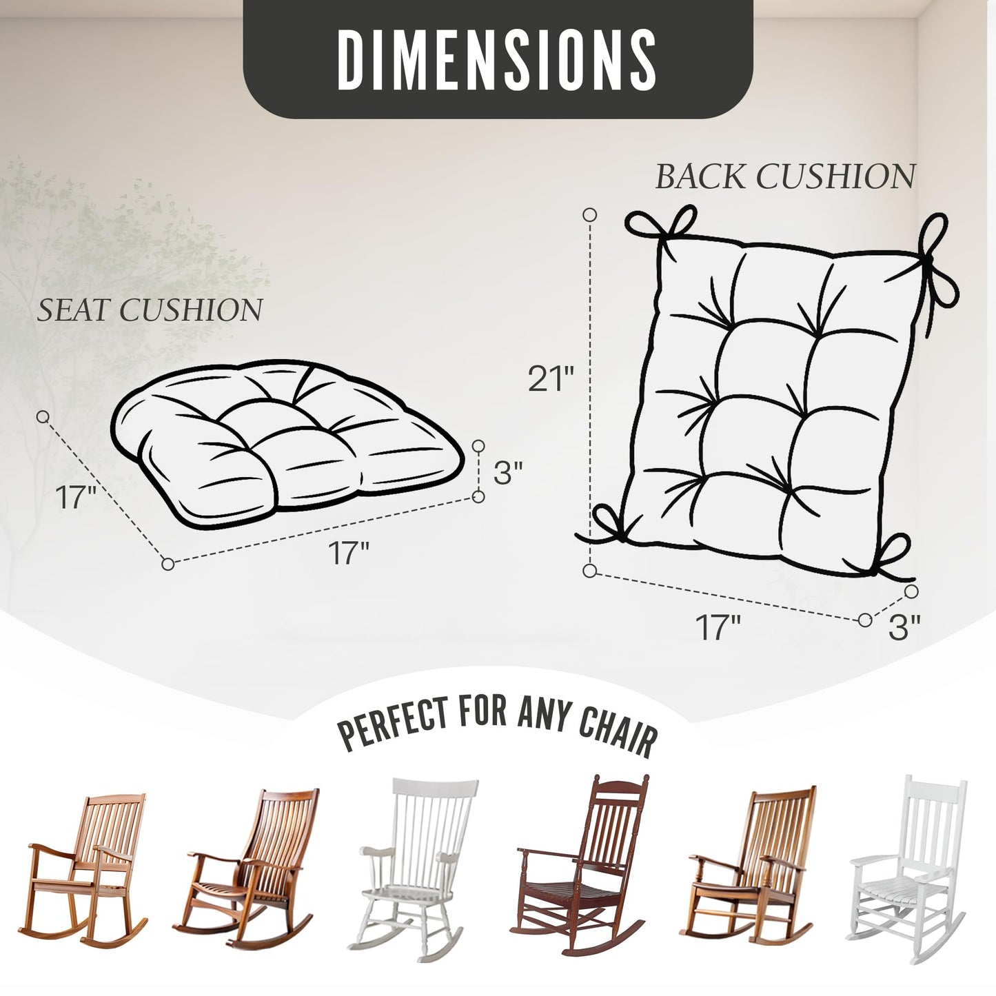 Klear Vu The Gripper Non-Slip Rocking Chair Cushion Set with Thick Padding, Includes Seat Pad & Back Pillow with Ties for Indoor Living Room Rocker, 17x17 Inches, 2 Piece Set, Black