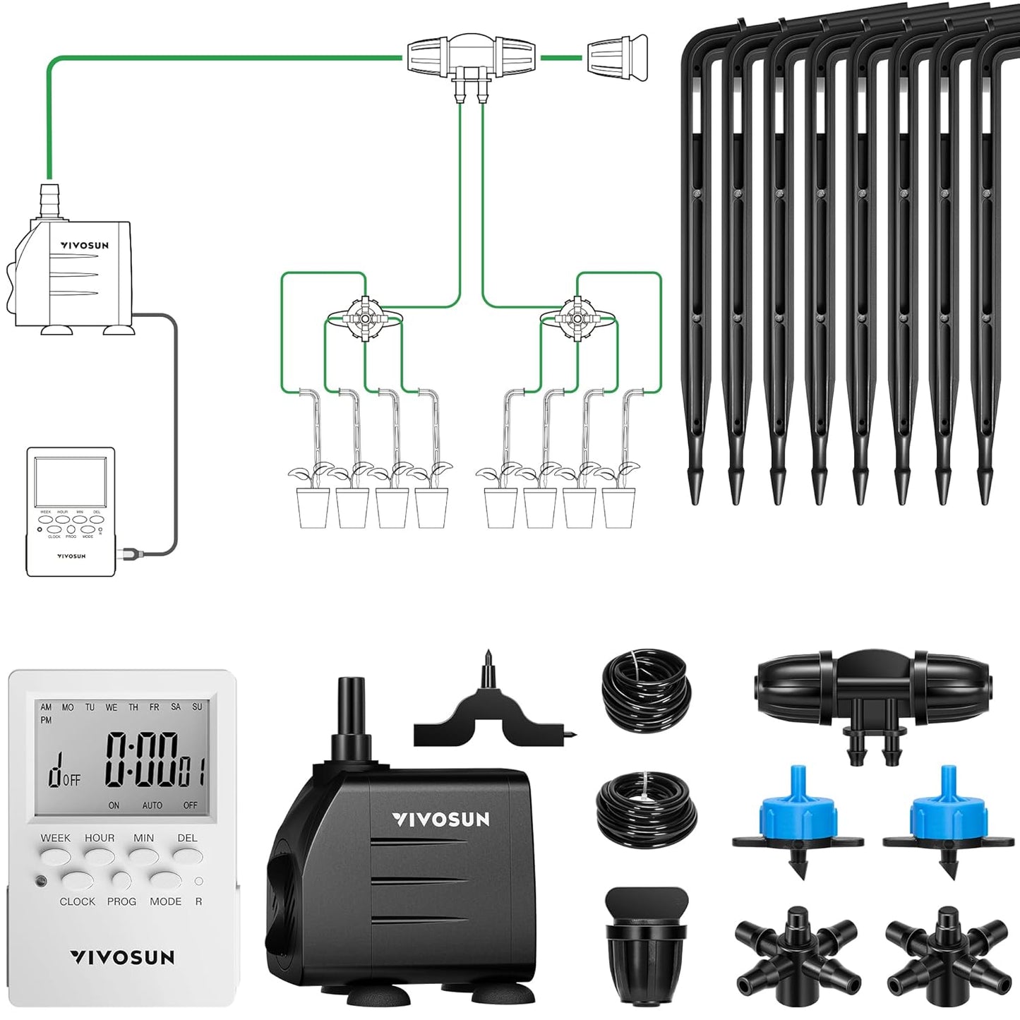 VIVOSUN Professional Drip Irrigation Kit - All-in-One System with Pump, Timer & 8 Emitters | 15W Output for Indoor/Outdoor Gardening