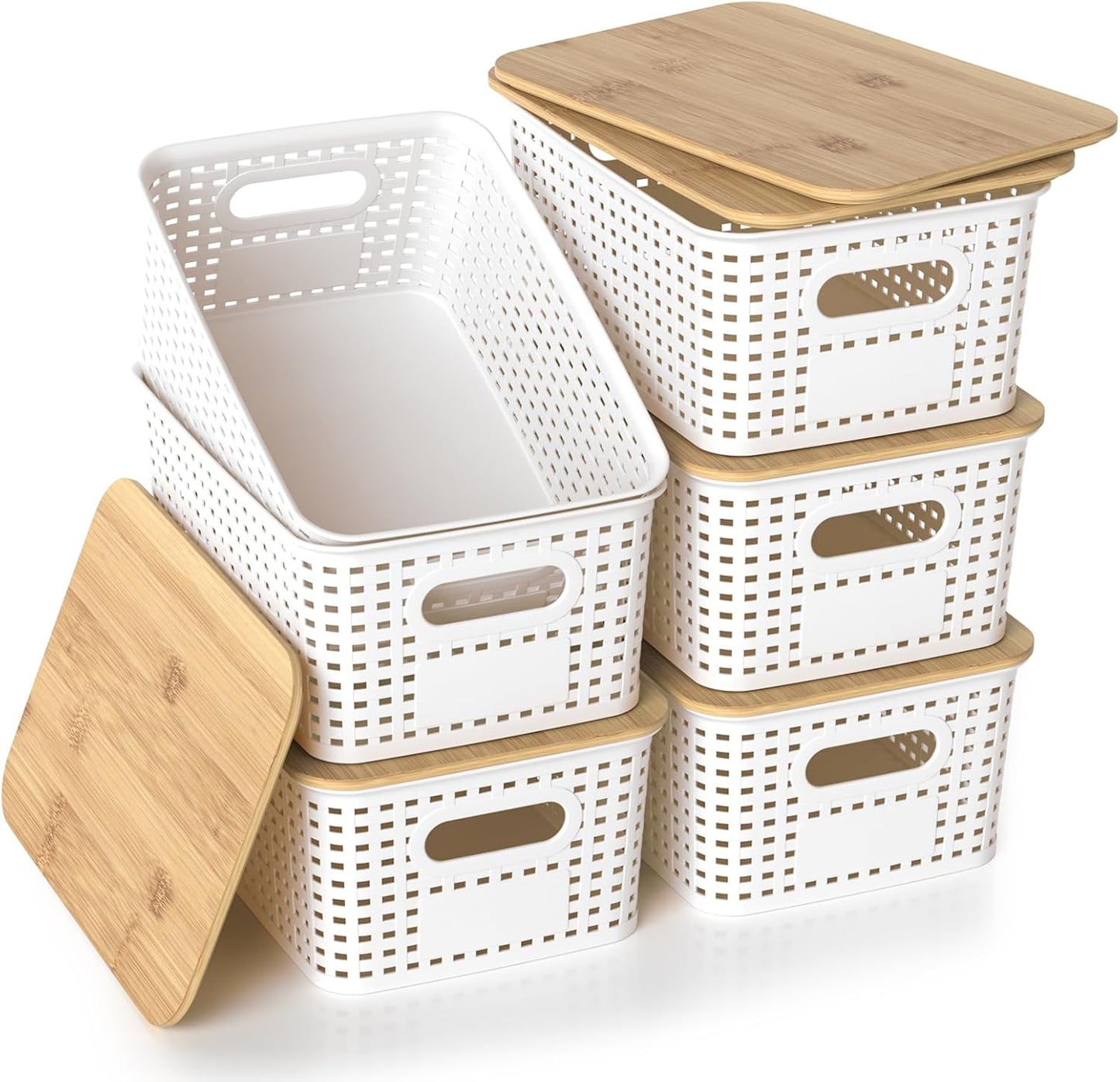 Plastic Storage Baskets - Stackable Organizing Bins with Bamboo Lids | 6-Pack, 10.2x7.2x4.1 Inch, White