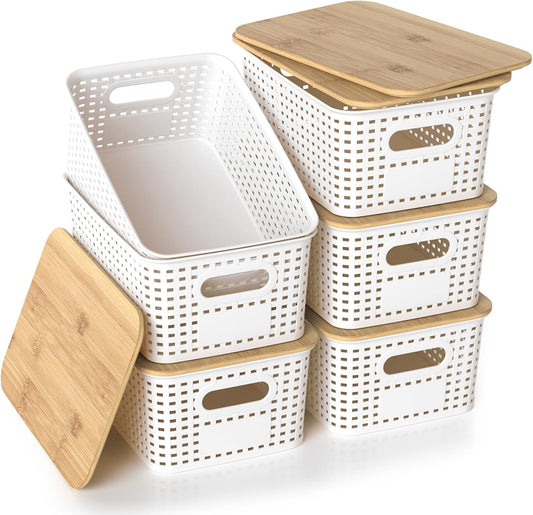Plastic Storage Baskets - Stackable Organizing Bins with Bamboo Lids | 6-Pack, 10.2x7.2x4.1 Inch, White