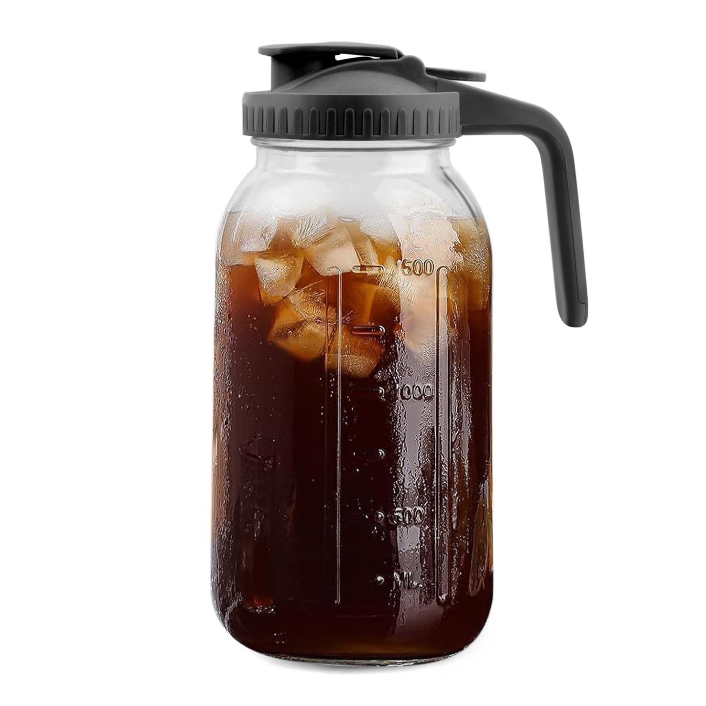 64 Oz Glass Pitcher with Lid, 2 Quart Heavy Duty Cold Brew Pitcher, Leak-Proof, Wide Mouth Mason Jar with Pouring Airtight Lid,Ideal for Fridge Storage