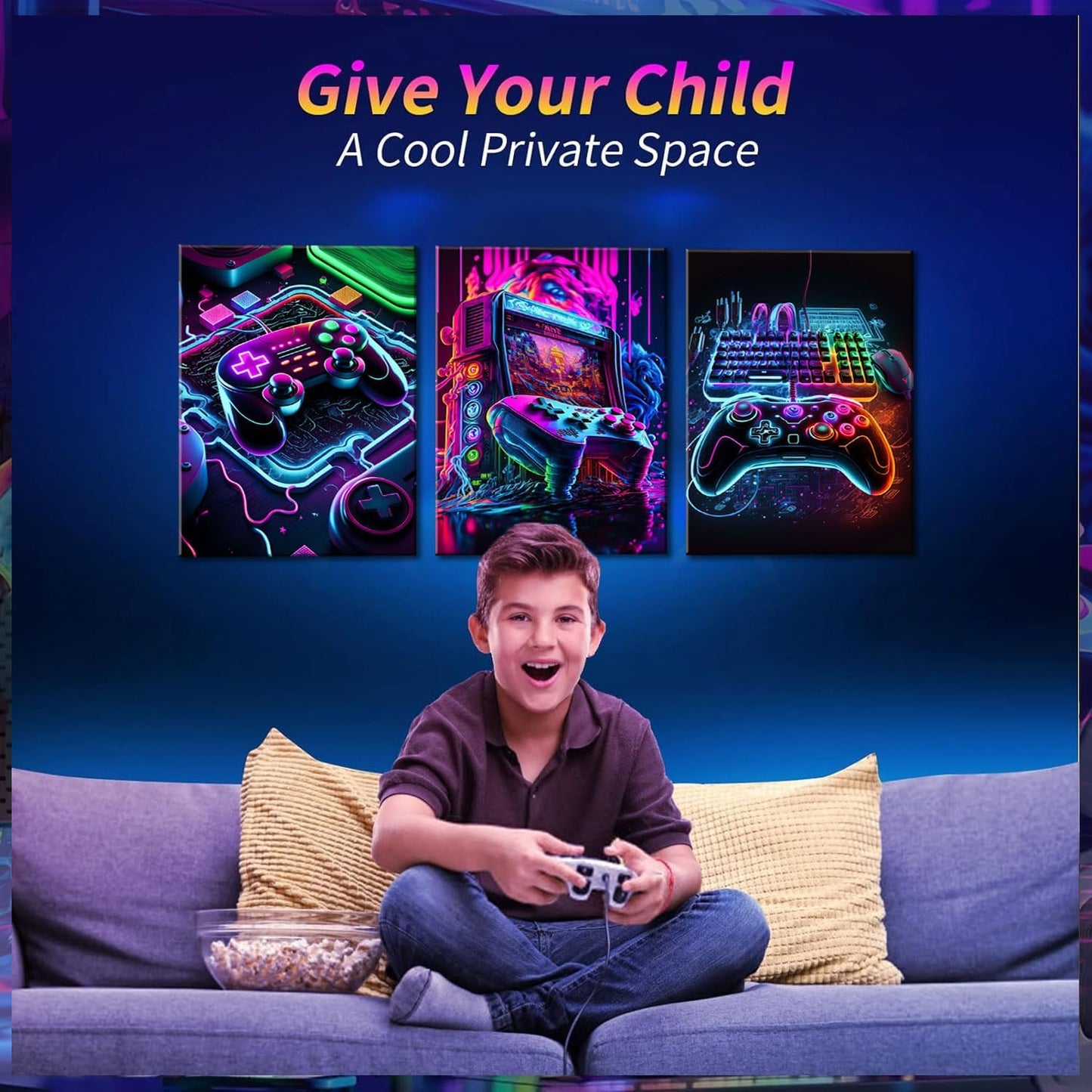 BGFCE Neon Gaming Accessories Canvas Wall Art Set of 3 | Framed Posters for Game Room Decor 16x24in