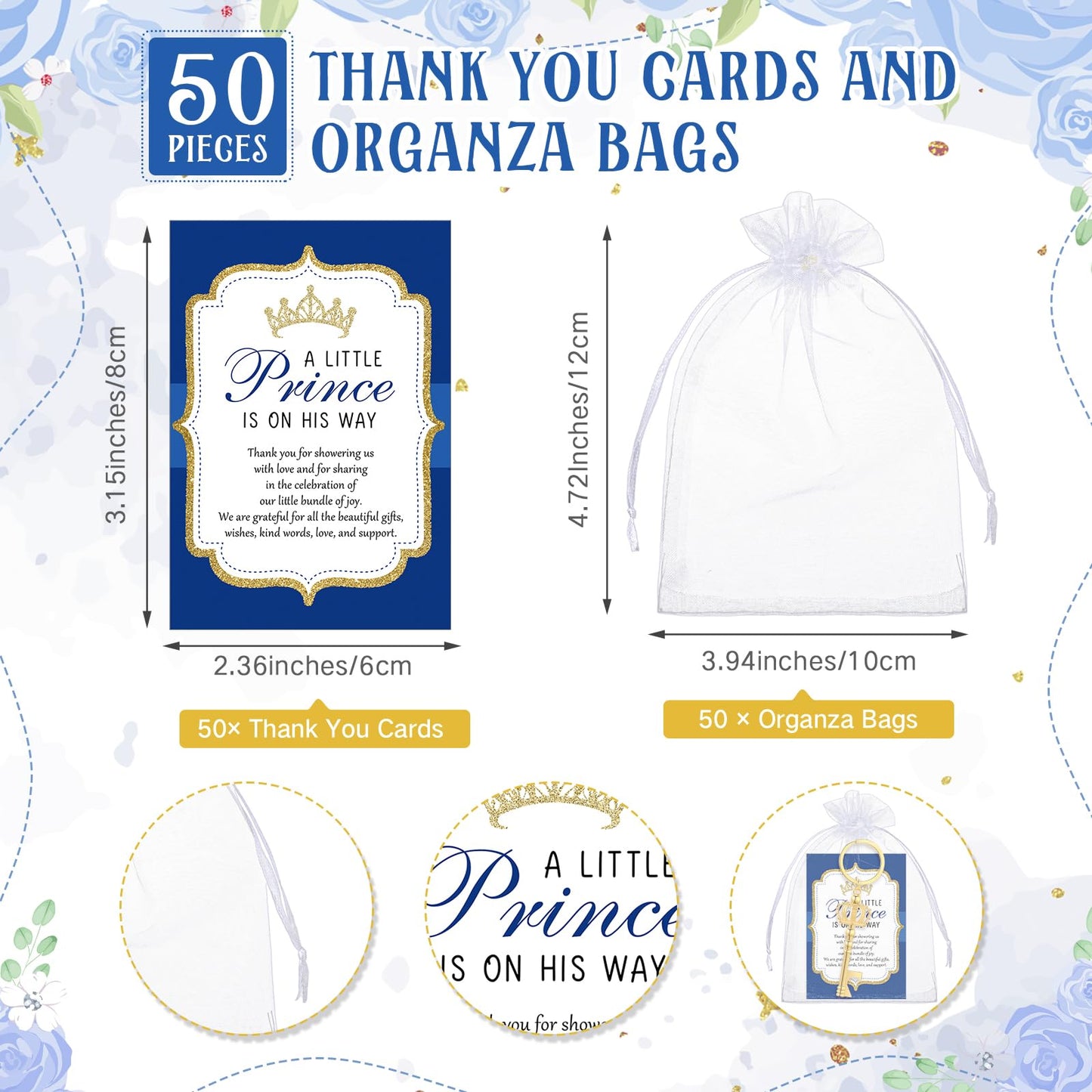 Ferreve 50 Sets Baby Shower Bottle Opener Favors Included Bottle Opener Keychain Crown Charms Keychain Thank You Cards Organza Bags Baby Shower Return Gifts for Guests (Classic)