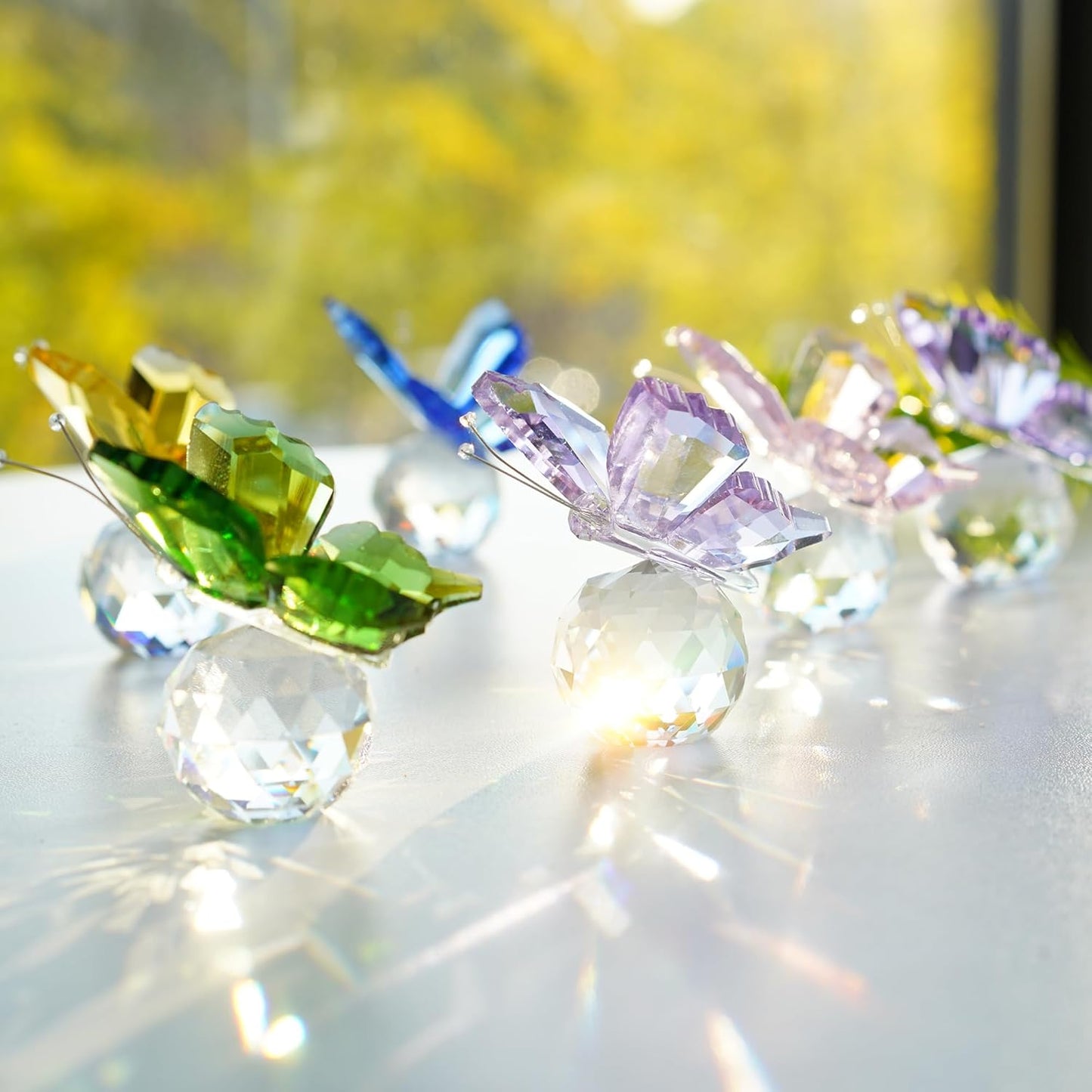 Kanpura Crystal Butterfly Figurines - 2 Pcs Glass Statues with Ball Base for Home Christmas Decor | Purple