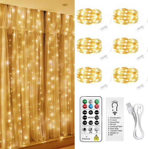HXWEIYE 300L Curtain Lights - Plug-In & 6 Pack Rechargeable Fairy Lights with Remote & Timer