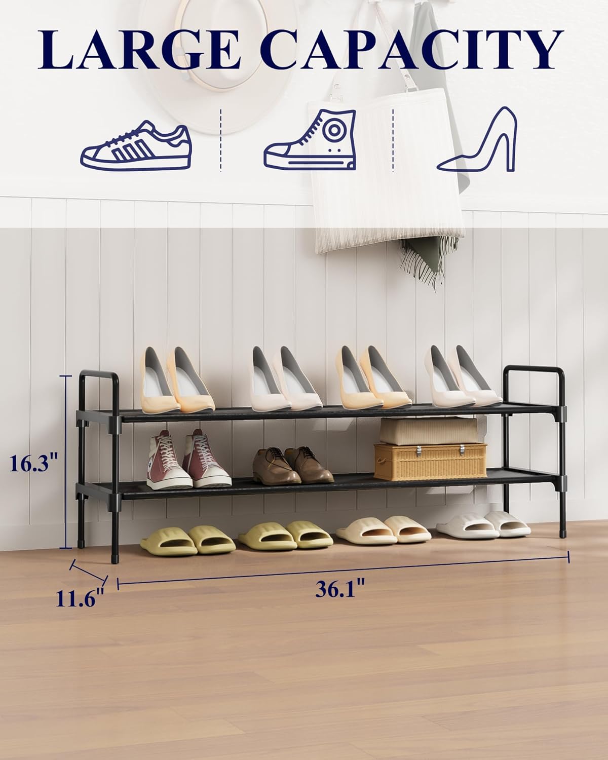 Kitsure Shoe Rack - 2-Tier Long Organizer with Handles & Non-Slip Feet | Rust-Resistant Metal, 36.1" Wide, Black