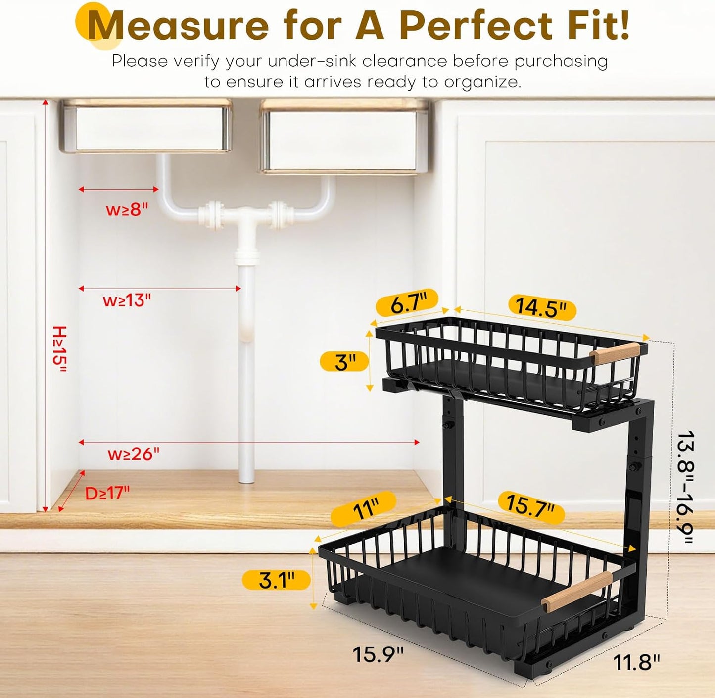 Under Sink Organizer | Heavy-Duty Carbon Steel, Rust-Resistant, 2-Tier Pull-Out Storage, Adjustable Height (13.8" - 16.9"), Black (2PCS)