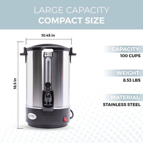 ALPHA LIVING 100 Cups Electric Coffee Urn – Stainless Steel Large Capacity Electric Kettle Percolator Coffee Pot – Ideal Hot Beverage Dispenser for Catering, Hotels, Restaurants –Leak-Proof Tap