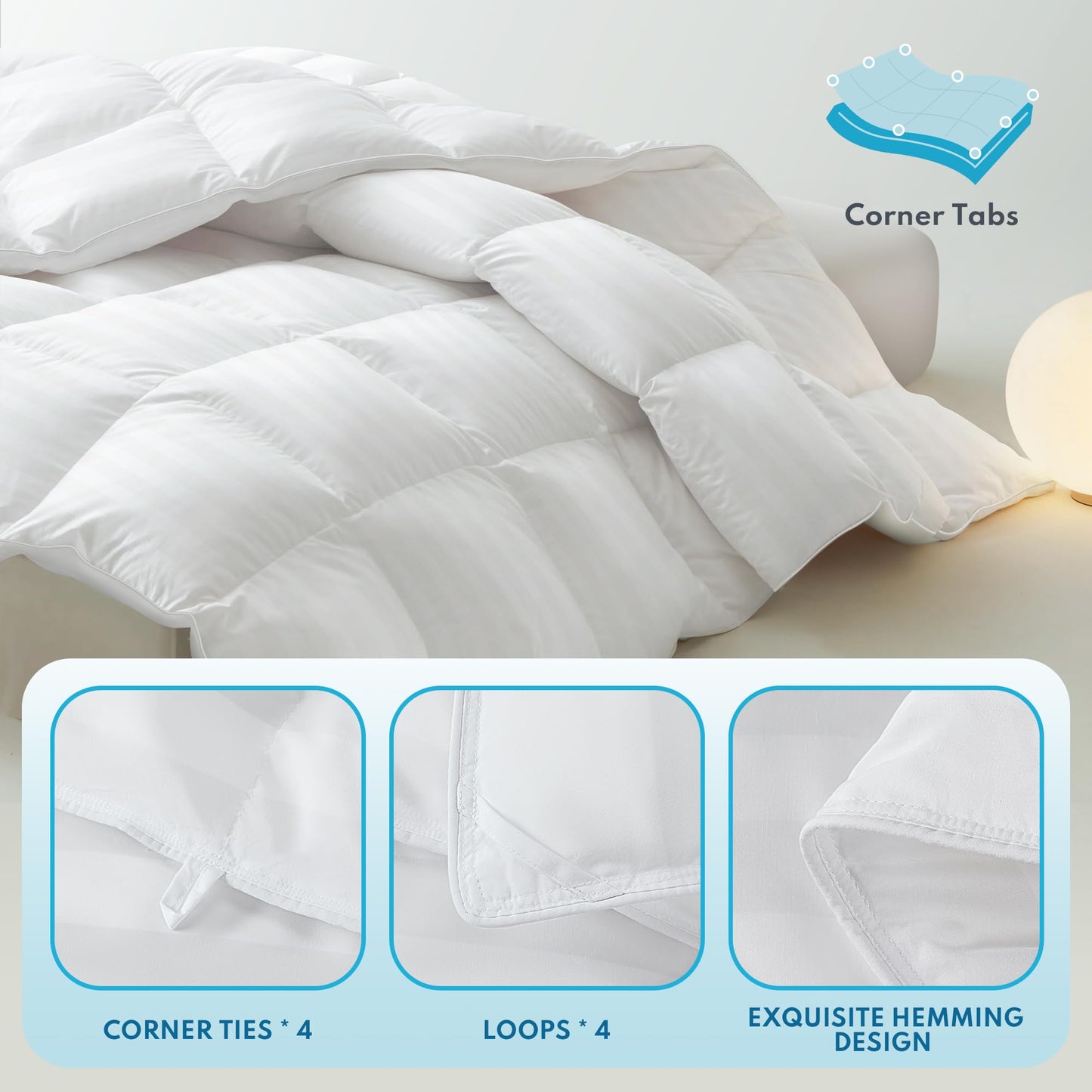 Down Feather Fiber Comforter Queen Size - All Season Luxury Hotel Duvet Insert, Medium Warmth, 750+ Fill Power Fluffy Premium Comforter with 8 Corner Tabs, White Cotton Cover, 90'' x 90''