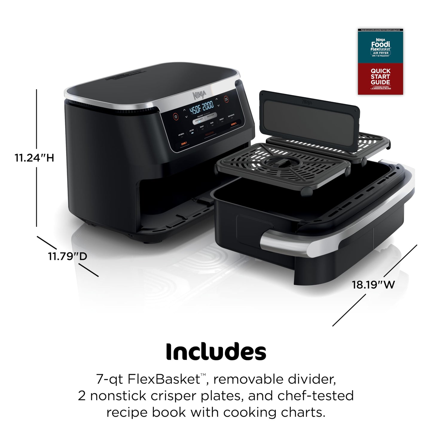 Ninja Foodi Air Fryer | 6-in-1 with 7-QT MegaZone & Basket Divider for Large Proteins & Full Meals | Cook 2 Foods at Once | 450° F | Air Fry, Roast, Broil, Dehydrate, Keep Warm & Bake | Black | DZ071