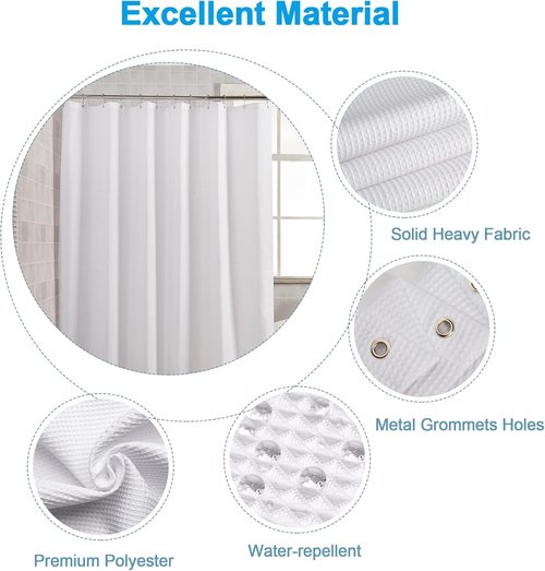 AmazerBath White Fabric Shower Curtain - Heavy Duty Waffle Design | Premium Polyester, 72x72 Inches