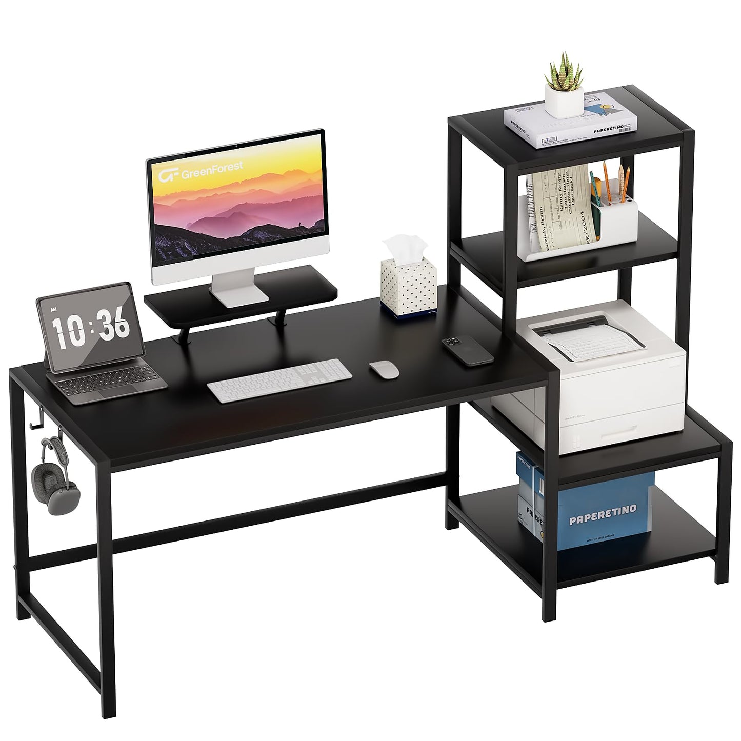GreenForest Computer Desk 67 inch with Printer Shelf, Reversible Office Desk with Monitor Stand and 2 Hooks, Home Desk Workstation for Study Writing Working Gaming, Black