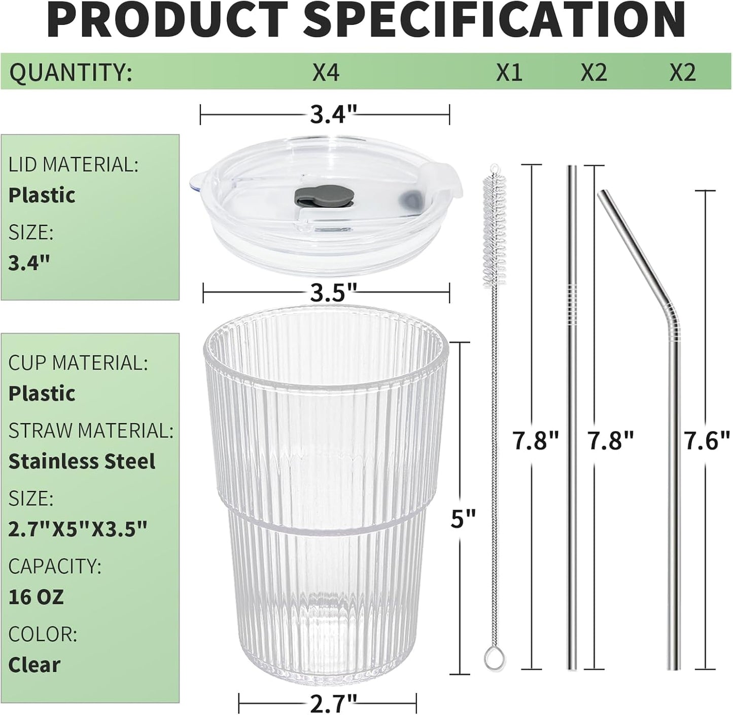 Skiennix 16 OZ Iced Coffee Cups - Unbreakable Reusable Plastic Glasses with Lids & Straws | BPA Free, Dishwasher Safe, Set of 4