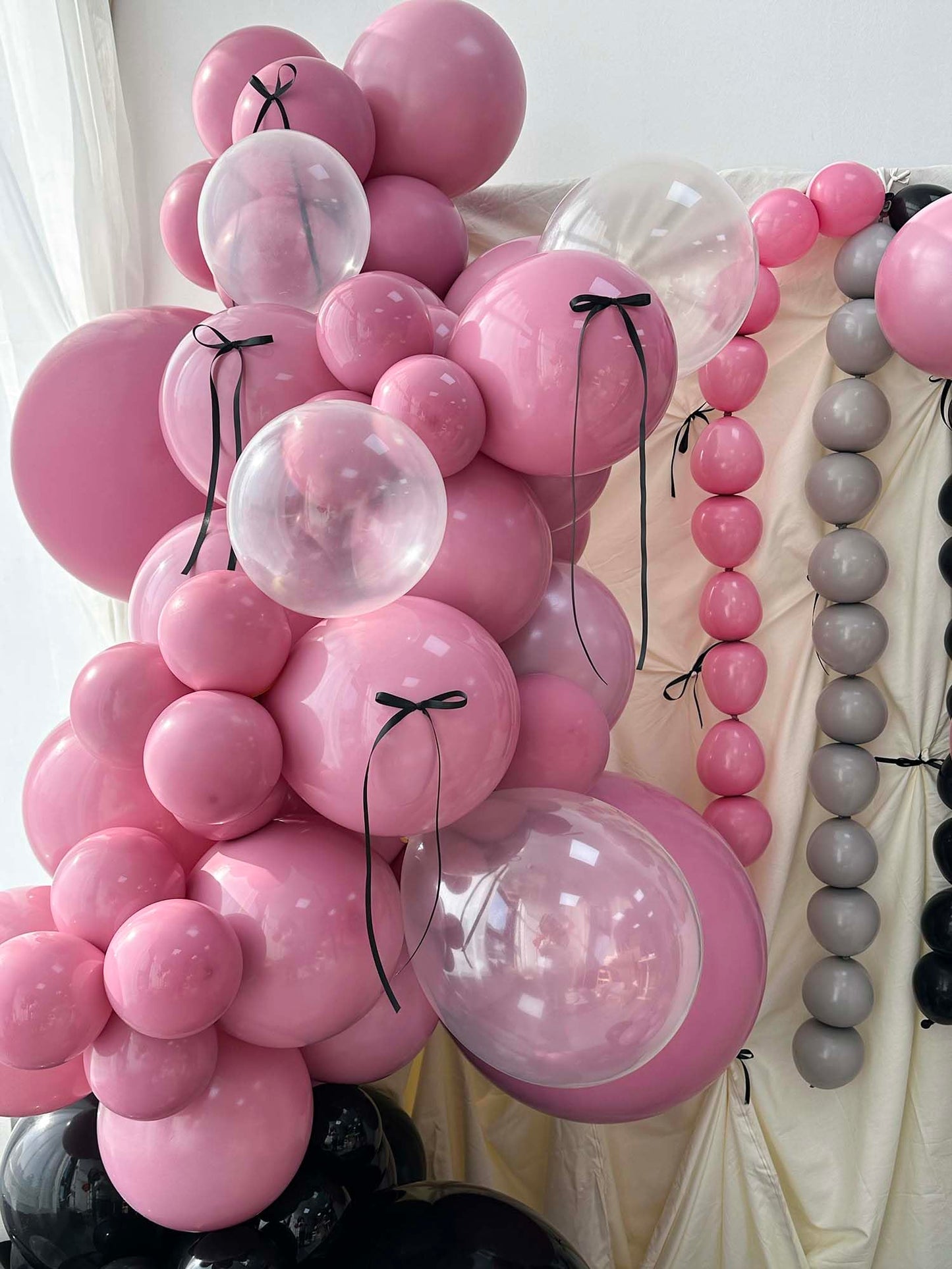 Mythlty 160pcs Pink and Black Balloons Arch Kit with Bows in Different Sizes 5" 10" 12" 18", Stuffed Ballons Pink Grey Balloons for Birthday Baby Shower Bat Mitzvah Bachelorette Parties Decorations