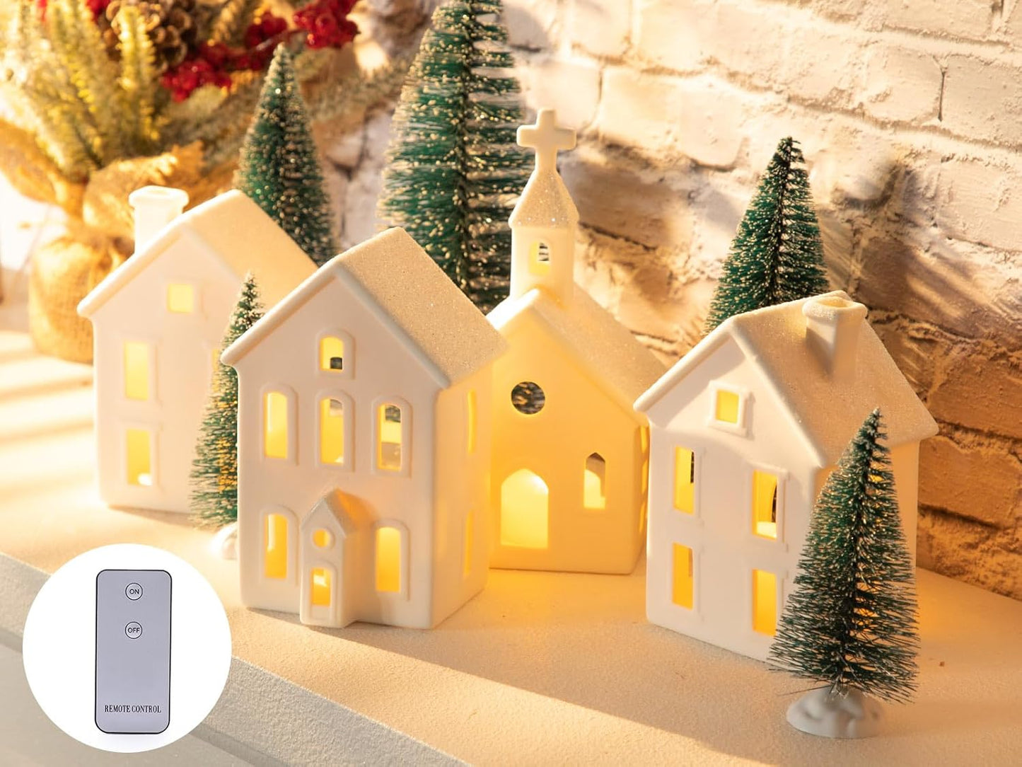 Regine Switzerland Christmas Village Figurines Set - 4 Lighted Ceramic Houses with Remote & 5 Trees - Rustic Holiday Decor for Home Table