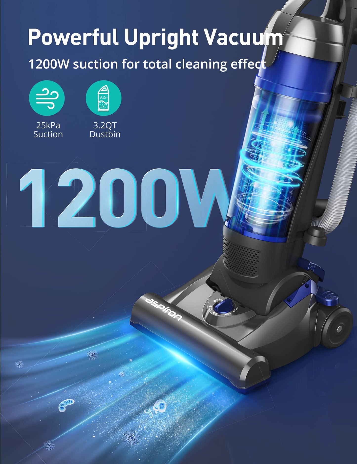 Upright Vacuum Cleaner, Aspiron 1200W 25kPa 5-Mode Bagless Vacuum Cleaner with Crevice Tool & Extension Wand,3L Dust Cup with HEPA Filter, Upright Vacuum for Carpet, Pet Hair,Hard Floor,Tile Particles