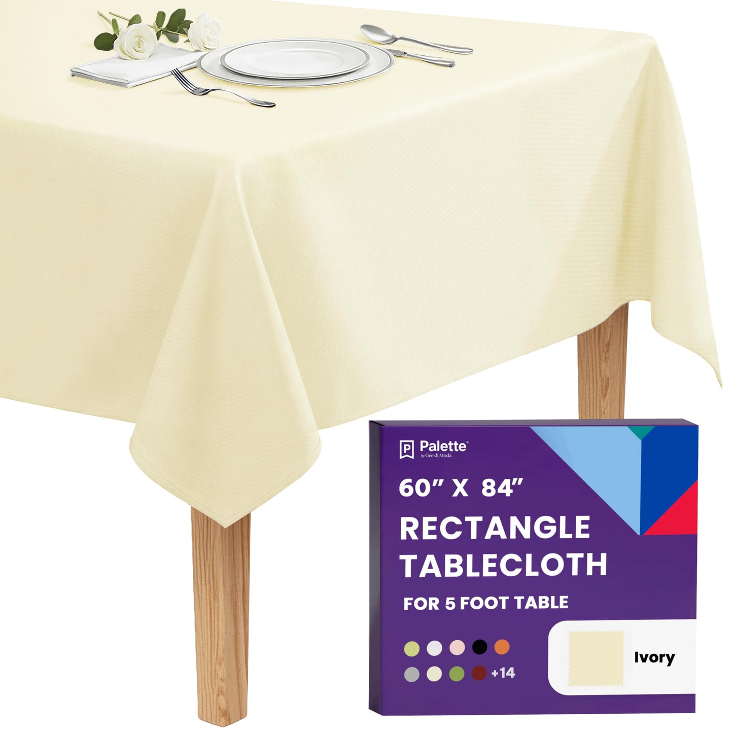 Gee Di Moda Rectangle Tablecloth - 60 x 84 Inch Ivory Table Cloth for 5 Foot Rectangle Tables - Heavy Duty Washable Fabric - for Holiday Party, Dinner, Weddings, Baby Shower & Events