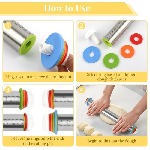 Adjustable Rolling Pin with 4 Thickness Rings for Baking, 17” Stainless Steel Dough Roller with Clear Measurement Markings for Pizza, Fondant, Pie, Cookies, Baking Supplies, Pastry, Pasta