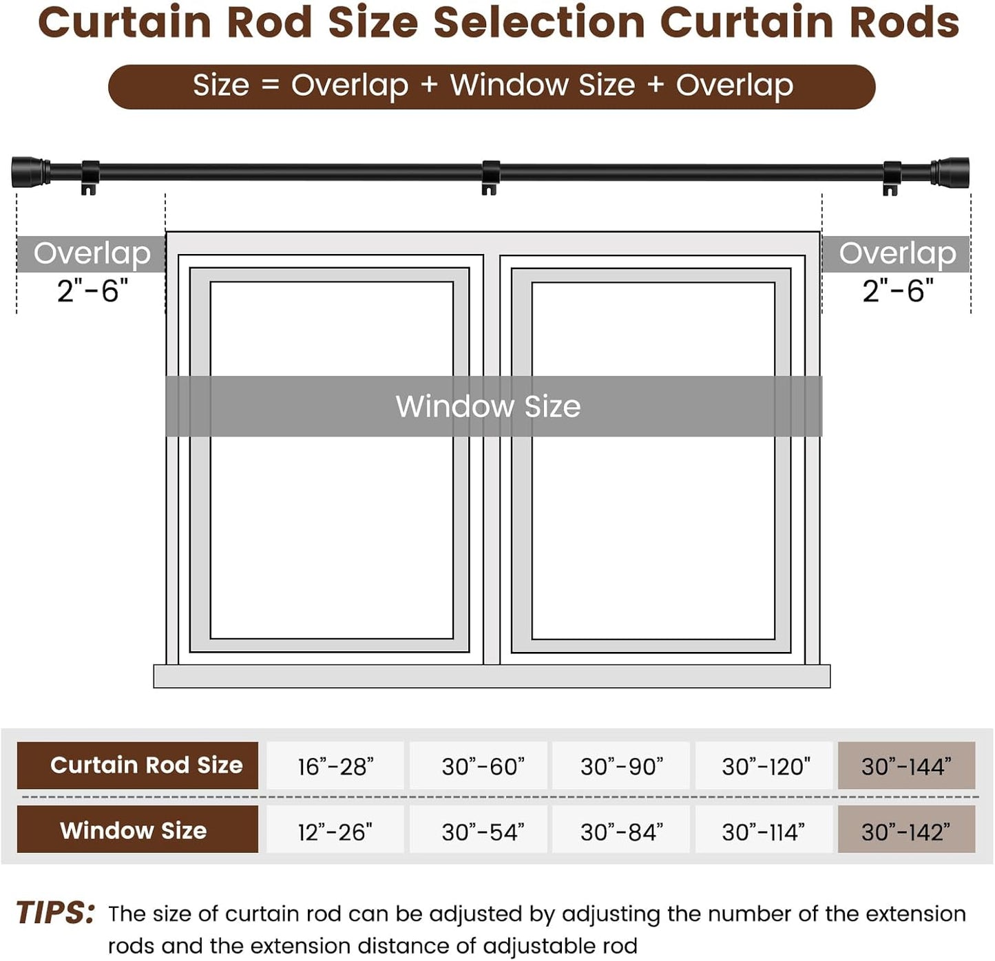 Skiennix Matte Black Curtain Rod - Adjustable 30-144 Inch Heavy Duty Telescopic Design | 2 Pack