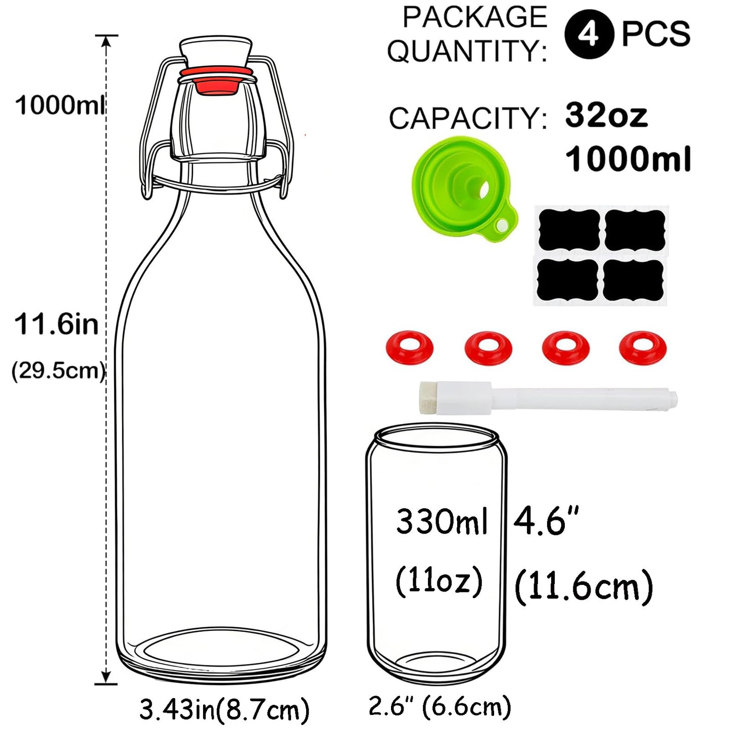 4 Pack Swing Top Glass Bottles 32 oz,Flip Top Glass Bottles 32 oz with Airtight Lids for Home Brewing,Kombucha,Kefir,Vanilla Extract,Beer,Oil,Vinegar,Homemade Juices,Soda,Beverages,2nd Fermentation
