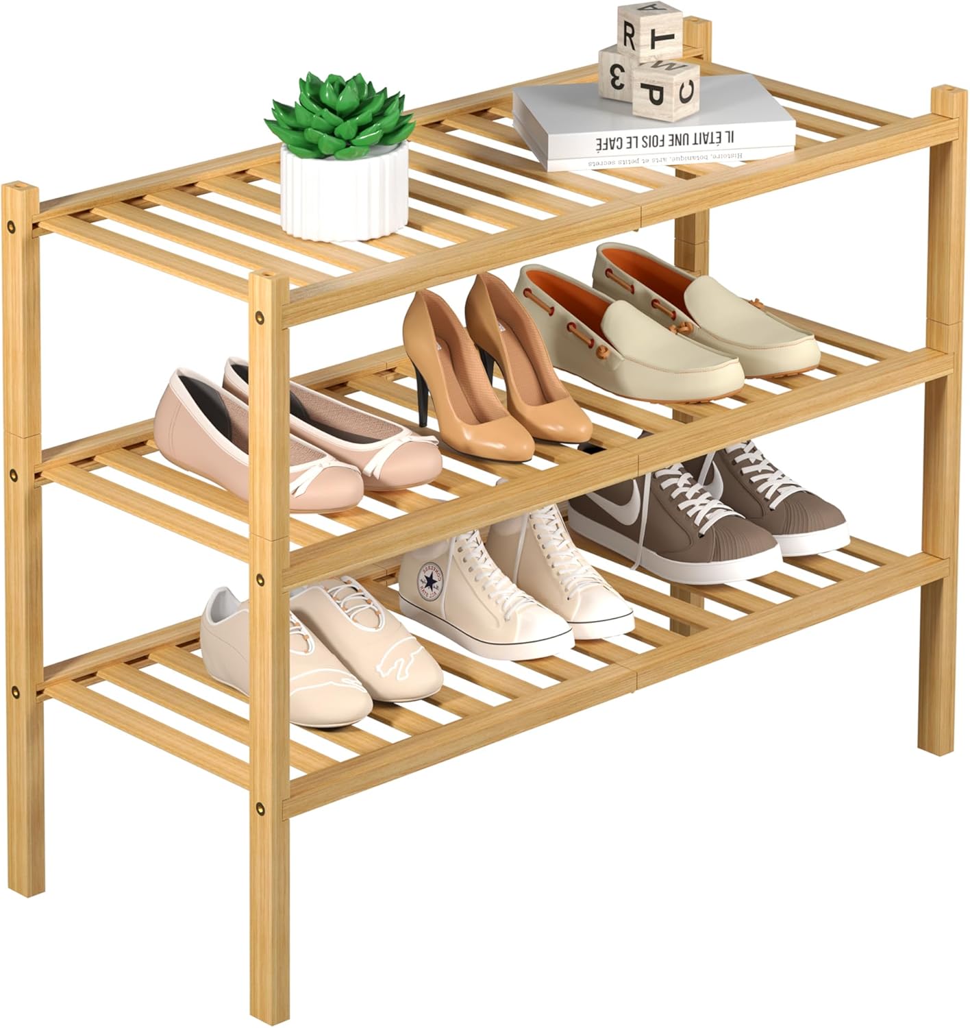 ROMGUAR CRAFT 3-Tier Bamboo Shoe Rack - Free Standing Wood Storage Organizer for Small Spaces | 27"x11"x20" (Natural)