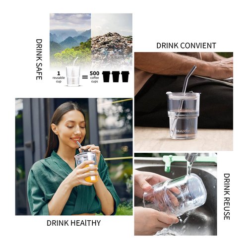 BLUEPOLAR 13oz/400ml Glass Water Tumbler with Straw and Lid Sealed Carry On Thick Wall Iced Coffee Cup Glass Cup for Water, Iced Tea Fruit Juice Etc(Aurora White
