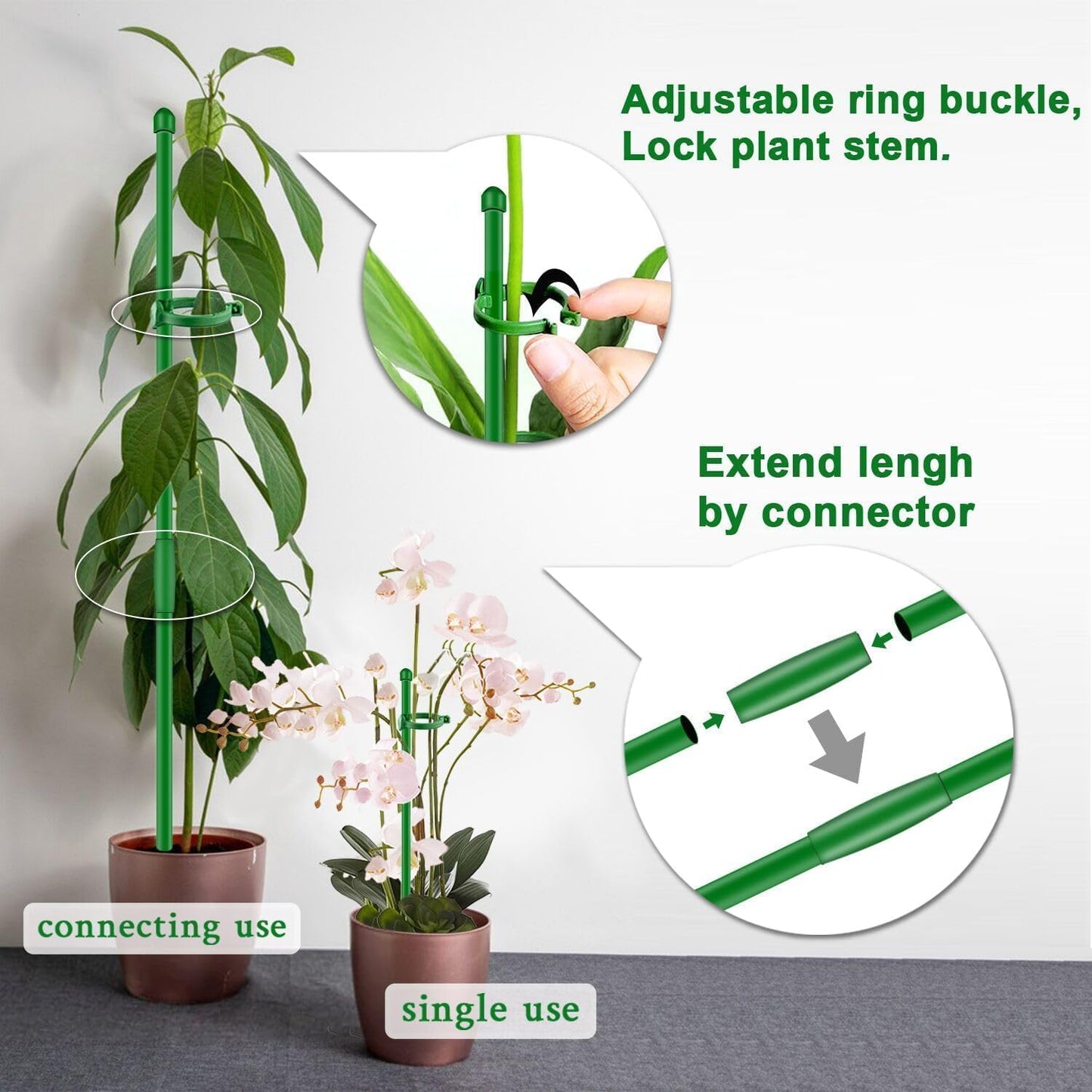SupKing Plant Stakes - Adjustable 17" & 11" Support for Indoor/Outdoor Plants | 16 Pcs Orchid Sticks with Clips & 20 Ties (Green)