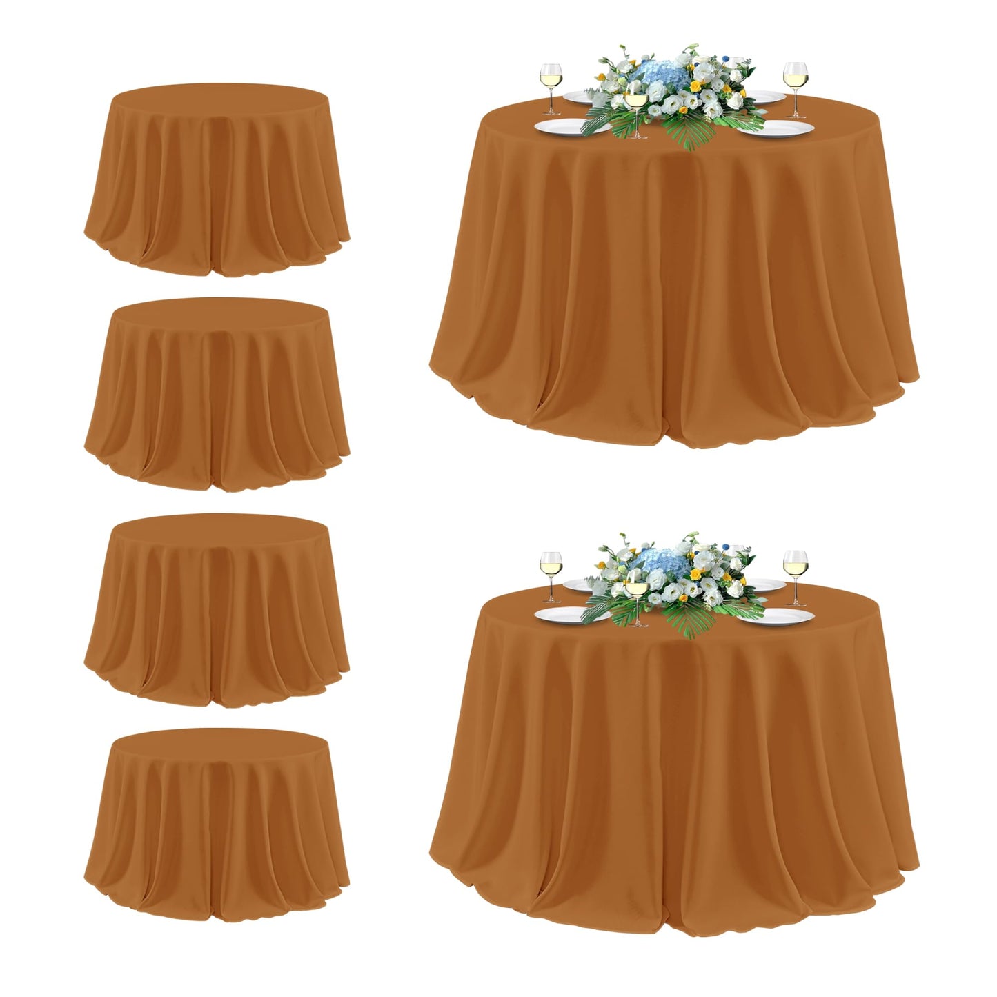 sancua Thanksgiving Round Tablecloth 132 Inch Diameter, 6 Pack Bronze, Circle Polyester Fabric Light Brown Fall Table Cloth Cover for Harvest Wedding Party Reception Banquet (Fit 54-96 Inch Tables)