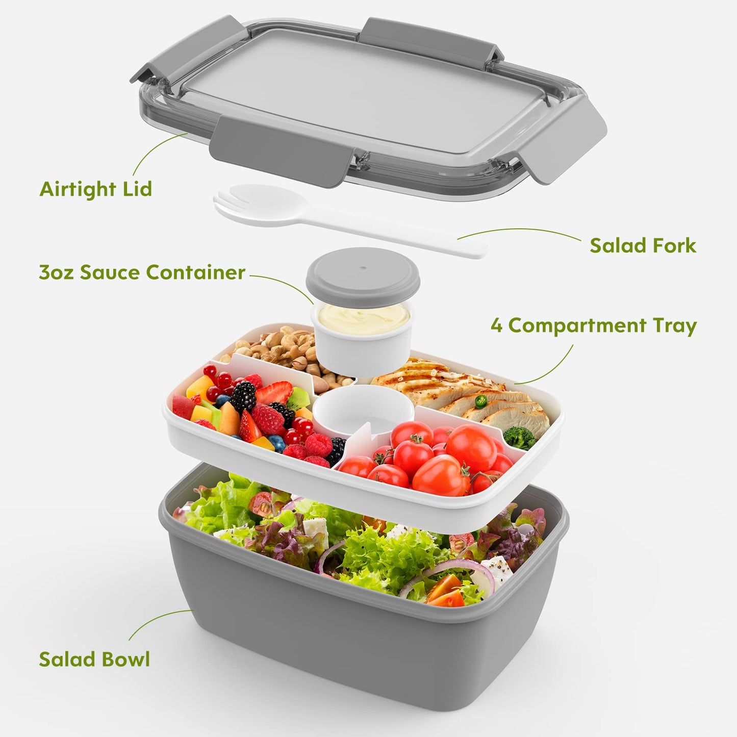 Cherrysea 2Pack Salad Lunch Container, 68oz Salad Bowls with 4 Compartments Tray,Leak Proof Lunch Box with Fork for Men,Women BPA-Free Snack Container with Sauce Container for Dressings-Grey