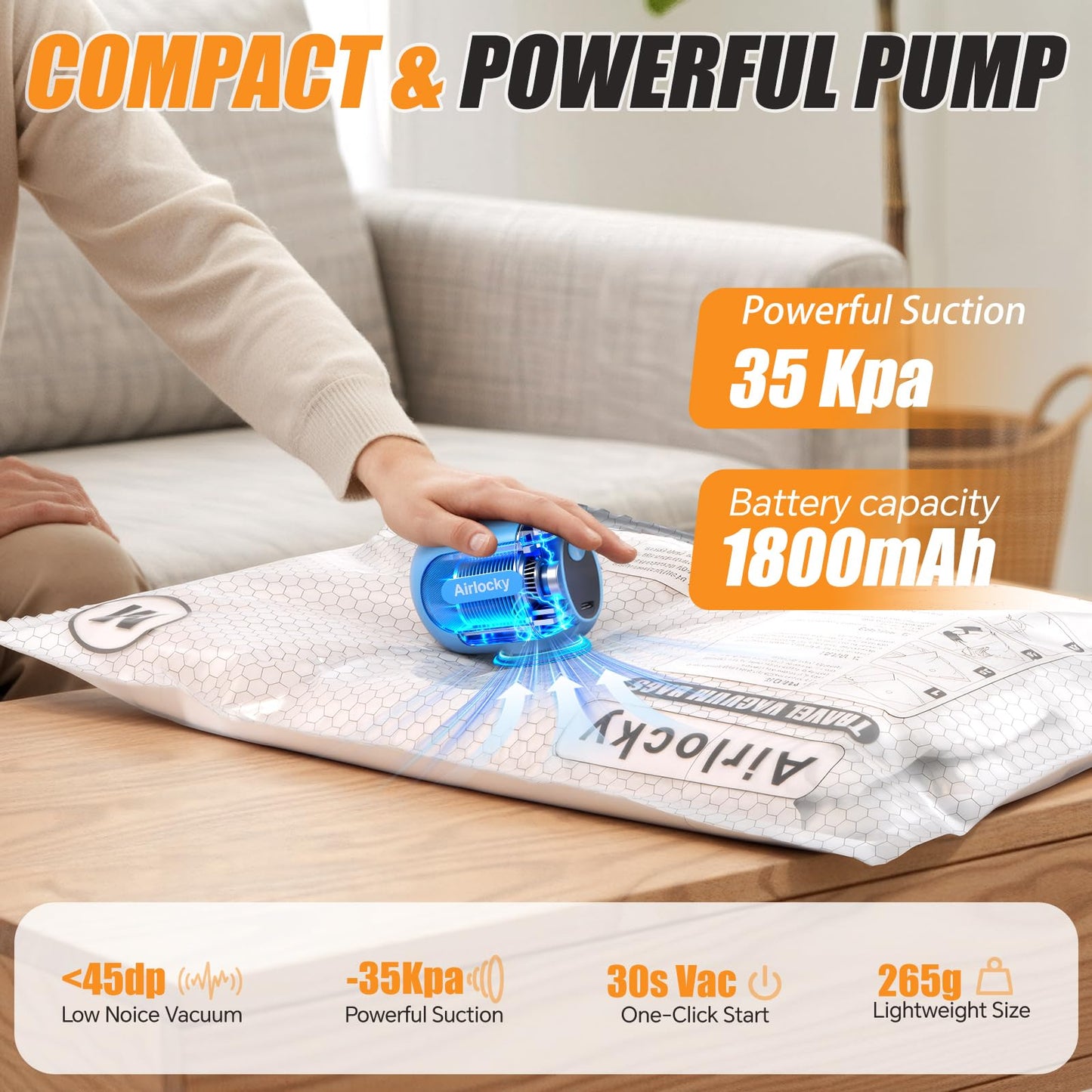 Airlocky Travel Vacuum Storage Bags with Pump, 12 Pack Carry-on Compression Packing Bags + Portable Electric Pump, 80% Space Saver of Clothes, Vacuum Seal Bags for Clothing Travel Luggage