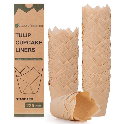 Caperci 225pcs Natural Tulip Cupcake Liners Paper for Baking Cups Unbleached European Parchment Paper, Tulip Muffin Liners Cupcake Wrapper for Party, Wedding, Christmas, Birthday