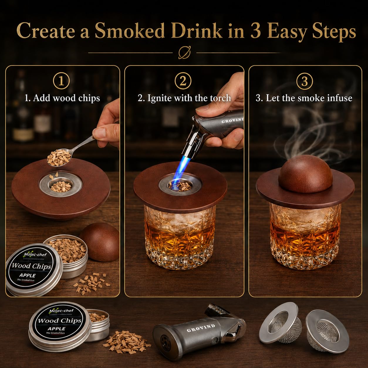 Grovind Whiskey Smoker Kit,Cocktail Smoker Kit with Torch,Bourbon smoker kit,Old Fashioned Smoker kit,Drink Smoker Infuser Kit with Wood Chips,Birthday Whiskey Bourbon Gifts for Men,Dad,Husband