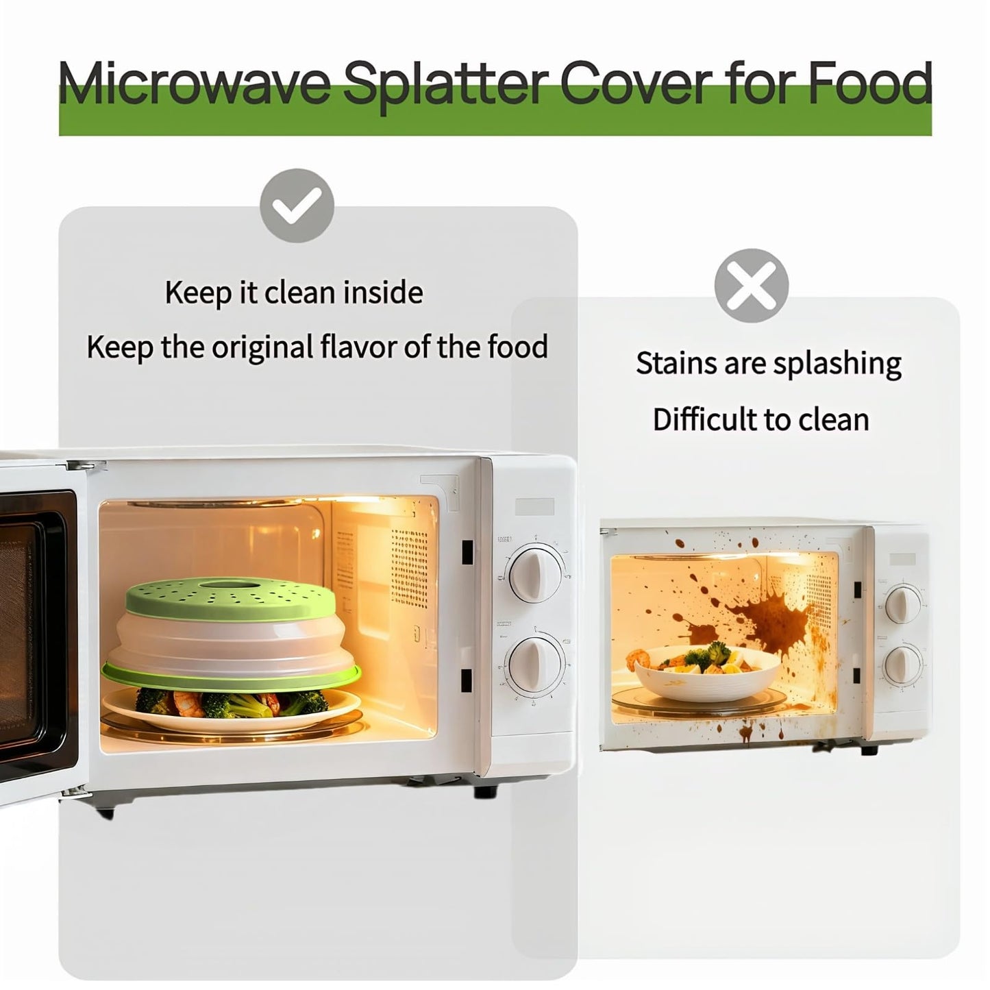 Microwave Splatter Cover for Food, Vented Silicone & Collapsible Splatter Guard Lid,Handle Microwave Plate Covers for Heating Food Bpa-Free Kitchen for Meal Prep, Dishwasher Safe（Green）