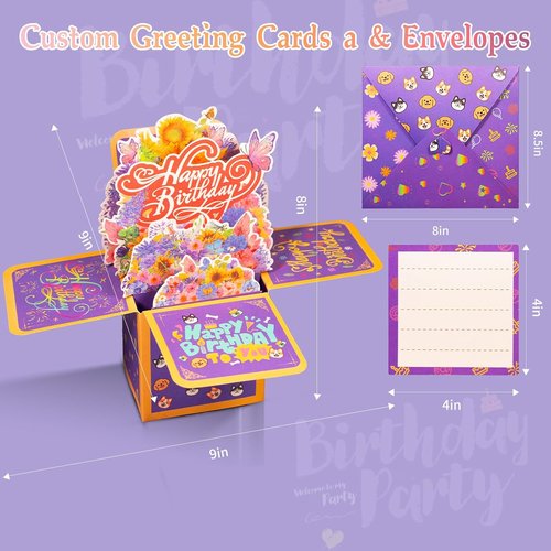 **3D Birthday Cards - Thickened Square Gift Box with Blank Card & Envelope | 100% Biodegradable, Vibrant Colors**