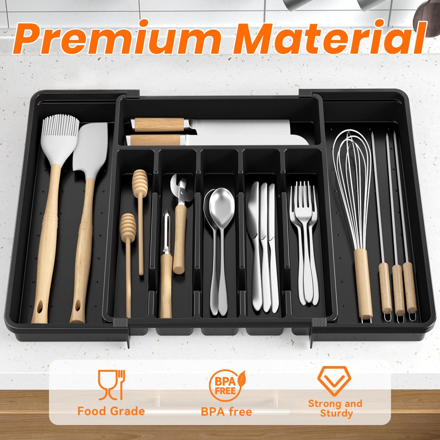 RoomHacks Large Silverware Organizer,Expandable Utensil Drawer Organizer,BPA Free Utensil Holder,Adjustable Silverware Tray Cutlery Drawer Organizer for Kitchen Flatware,Large,Black (6-8 Slots)