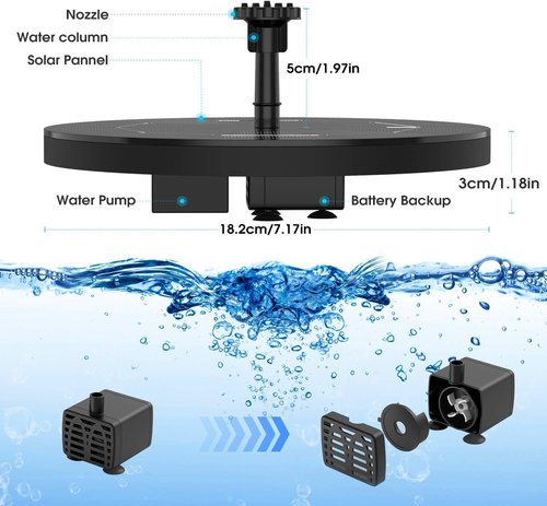 AISITIN Solar Fountain Pump - 3.5W with 1500mAh Battery & 6 Nozzles | Ideal for Bird Baths, Ponds & Gardens
