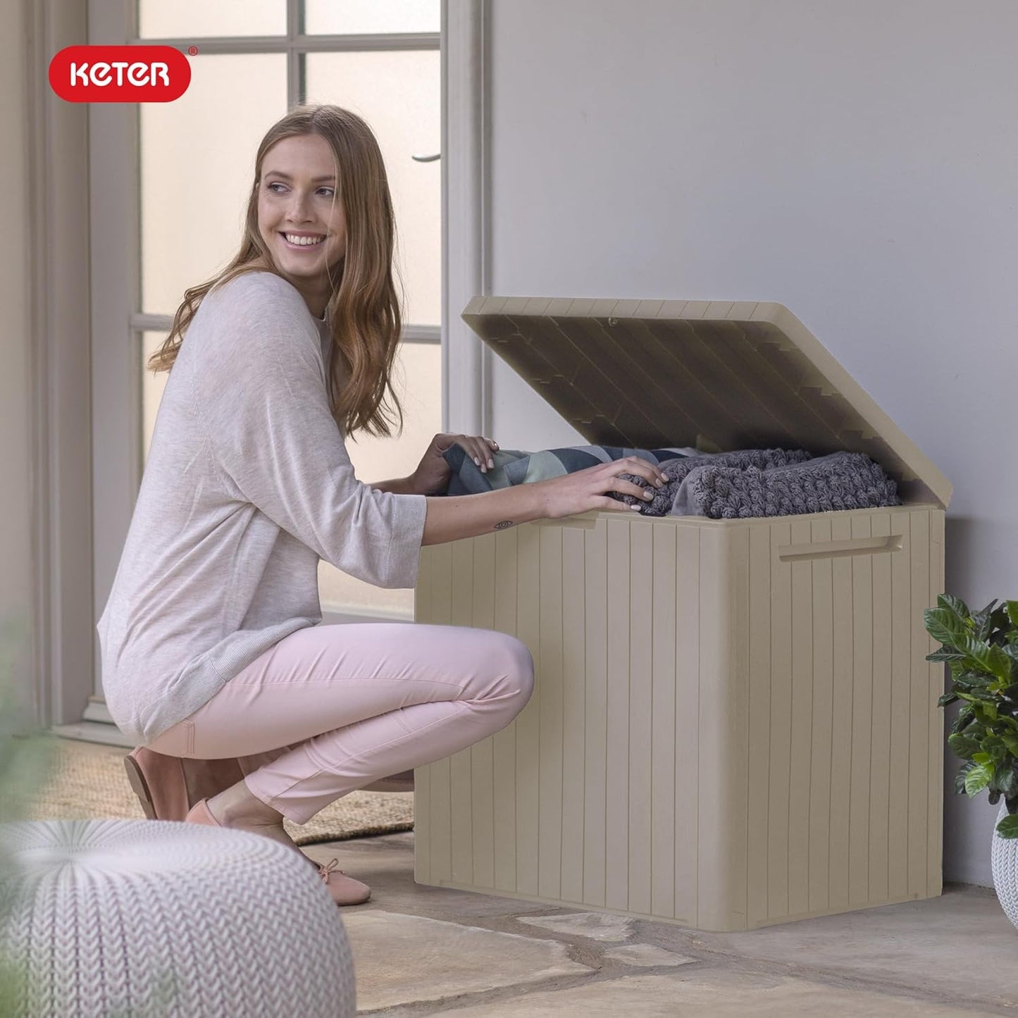 Keter City 30 Gallon Resin Outdoor Storage Box - Versatile Patio Furniture & Garden Organizer | Beige