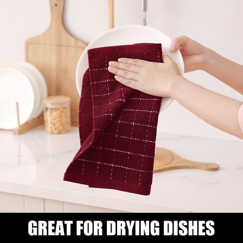 Homaxy 100% Cotton Terry Kitchen Towels(Burgundy Red, 13 x 28 inches), Checkered Designed, Soft and Super Absorbent Dish Towels, 8 Pack