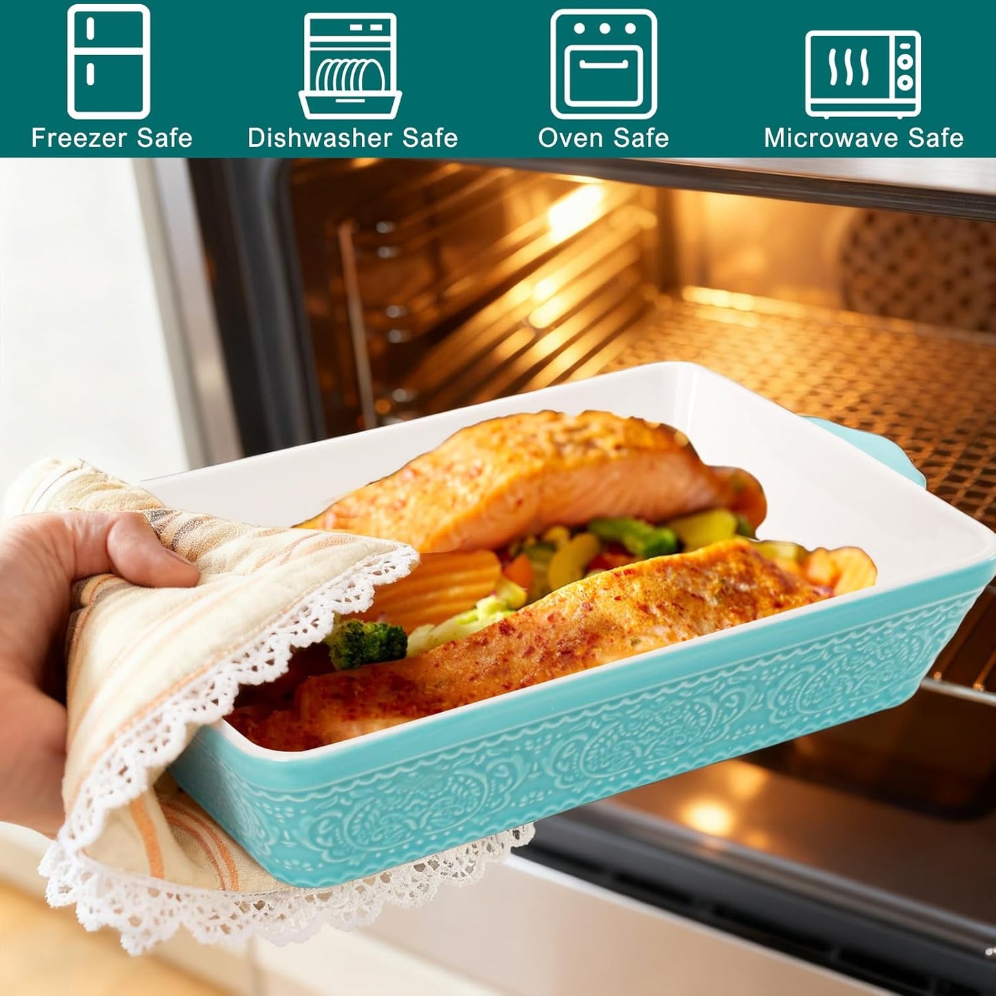 SOUJOY Ceramic Baking Dish Set - Non-Stick Rectangular Casserole Dishes with Sturdy Handles | Turquoise, Set of 3