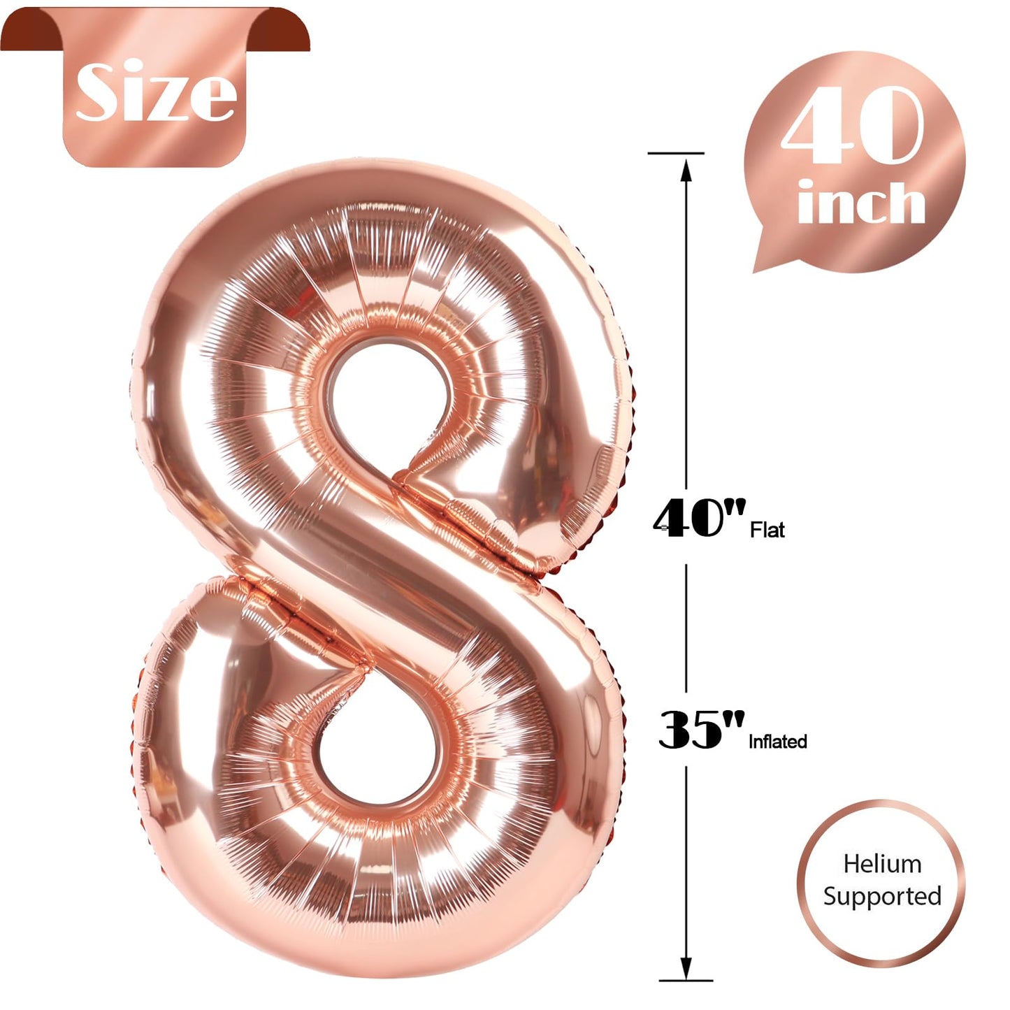 Rose Gold 8 Balloon, Number Balloons 40 Inch, 8th Birthday Decorations for Boys Girls, Birthday Balloons, Rose Gold Party Supplies, Number 8 Balloon