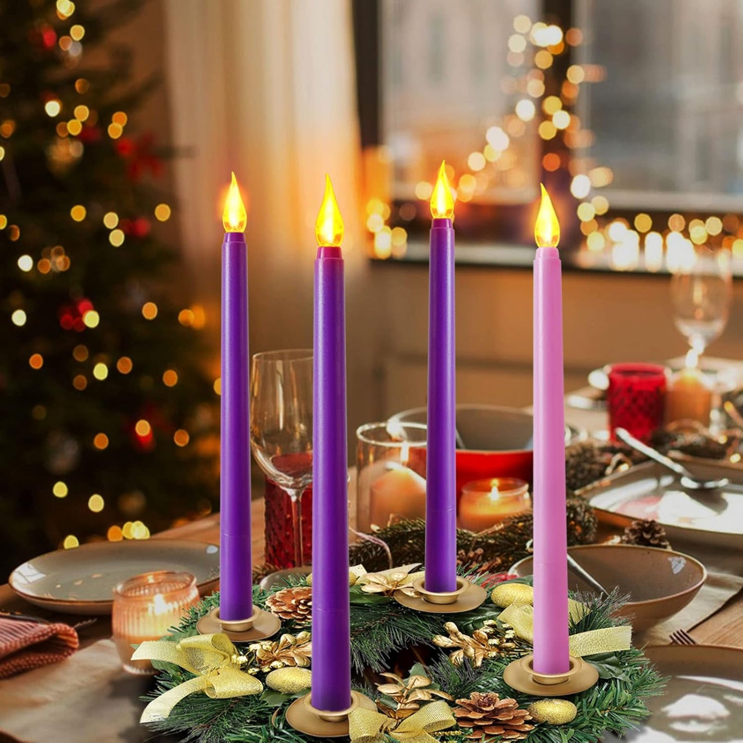 Regine Switzerland Flameless Taper Candles - Set of 4 Battery Operated, Flickering Purple & Pink