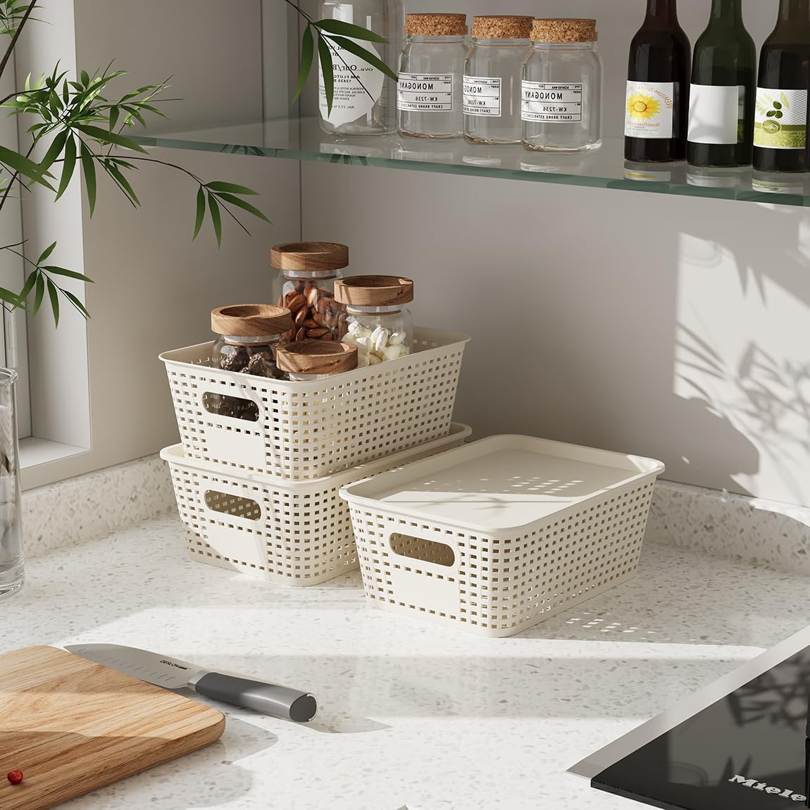 Resze Plastic Storage Baskets - 6 Pack with Lids | Breathable, Stackable Organizer Bins for Home & Office, White
