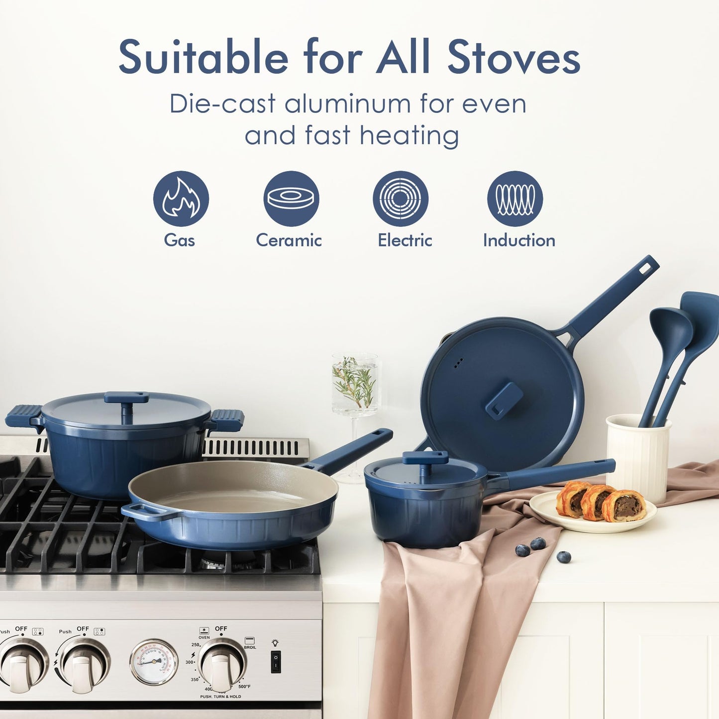 SENSARTE Ceramic Cookware Set Non-toxic 14 Pcs, Nonstick Pots and Pans Set, Dishwasher Safe Induction Cookware, Healthy Kitchen Cooking Set w/Die-cast Lids, PFOA/PFAS/PTFE Free