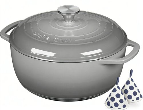Enameled Cast Iron Dutch Oven - Umite Chef 6QT Pot with Lid & Cotton Potholders - Dual Handles -Versatile Heavy Duty Cookware for Bread Baking，Braising, Stews, Roasting（Grey）