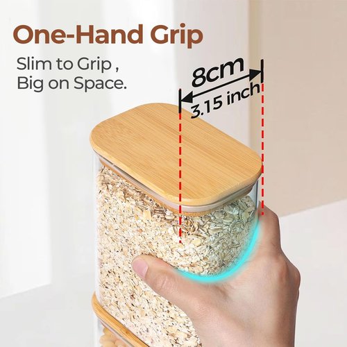 ComSaf Glass Storage Containers - 2.2 Qt Rectangle Jars with Bamboo Lids for Food Storage | Clear Pantry Organizer