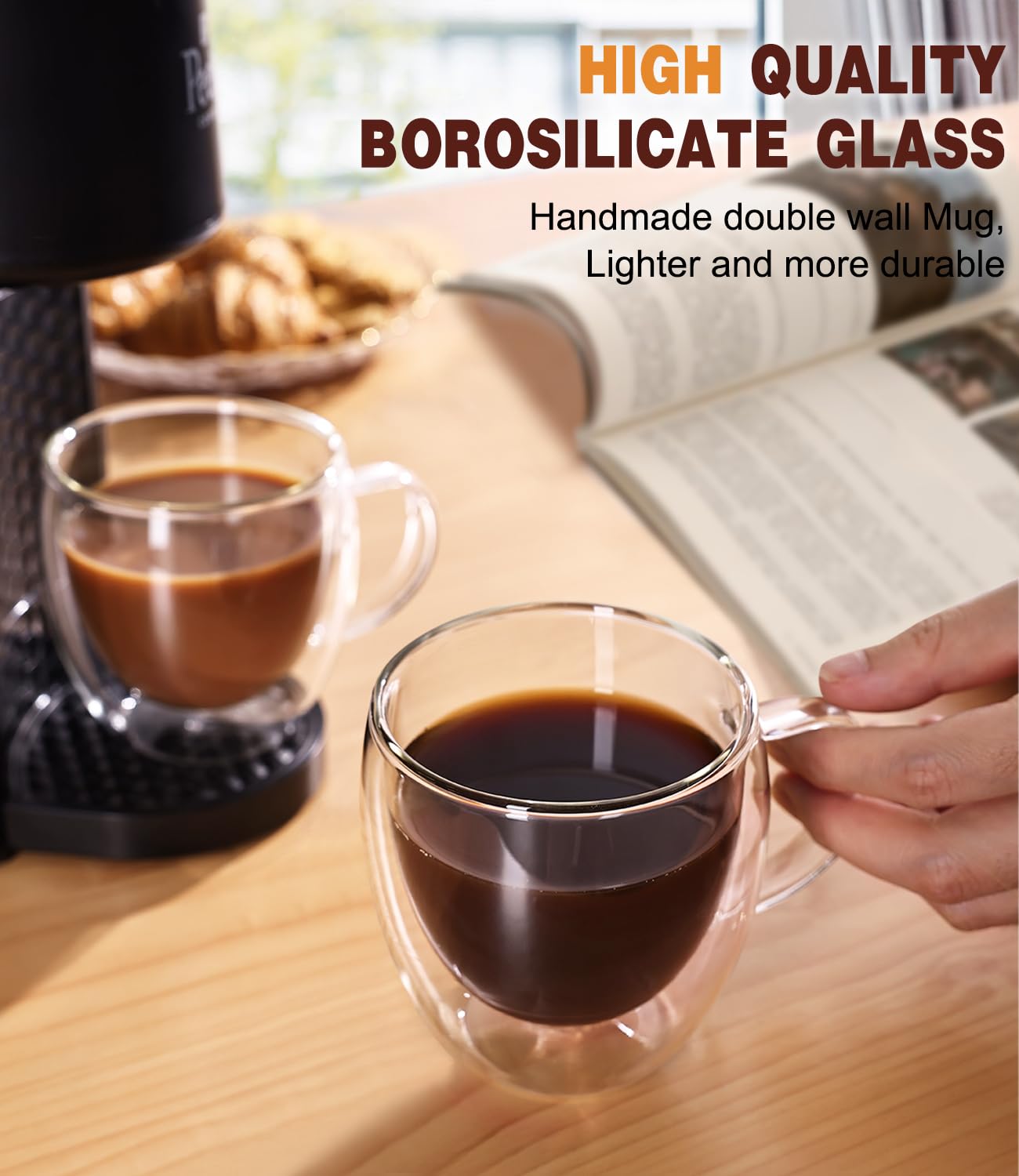 Potdoctor Espresso Cups Set of 4,5oz Hand Blown Double Walled Insulated Espresso Coffee Mugs with Handle,Perfect for Cappuccino, Latte, Tea, Clear Glass Espresso Shot Cups Suitable for Coffee